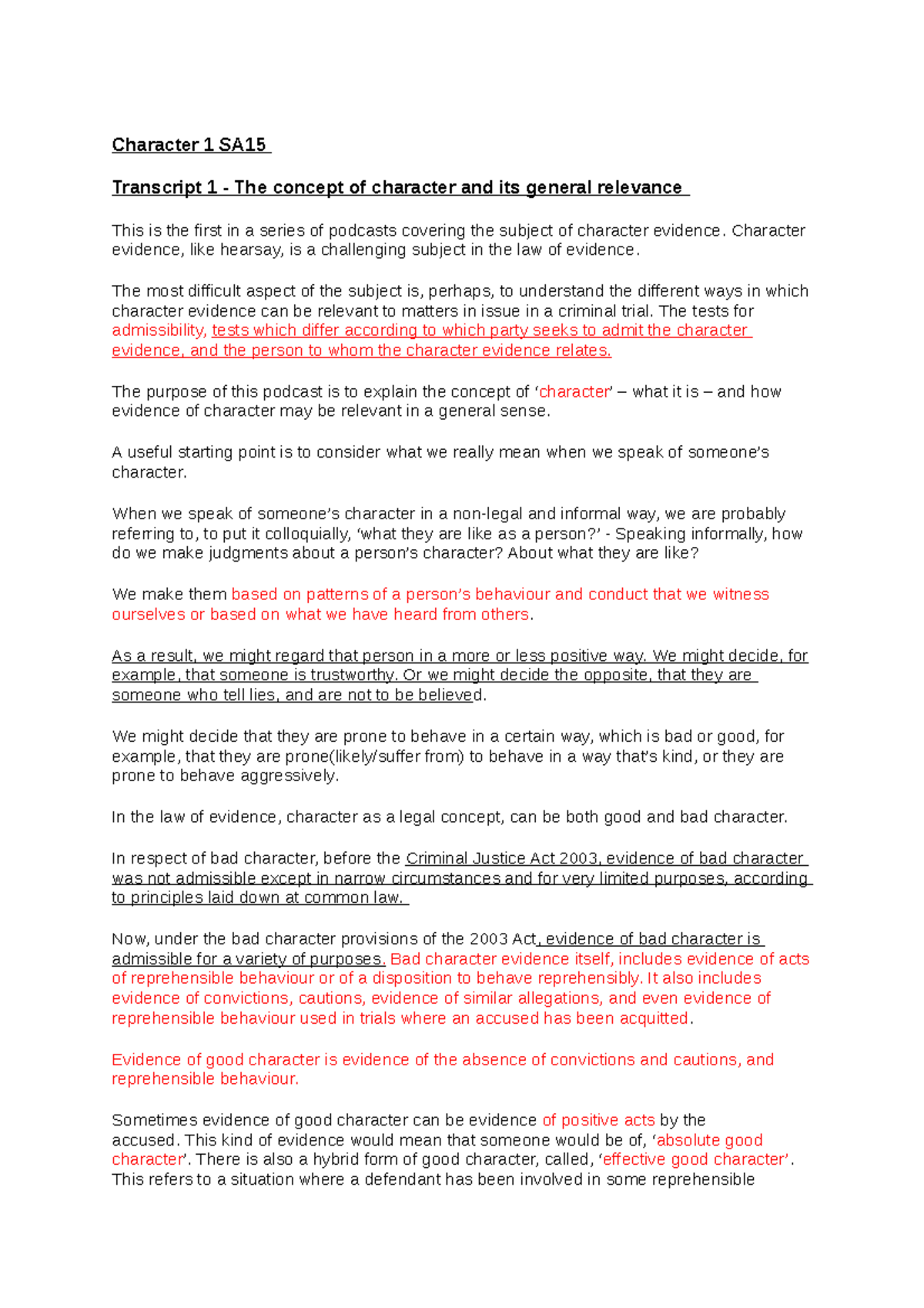 Bad character first topic - Character 1 SA Transcript 1 - The concept ...