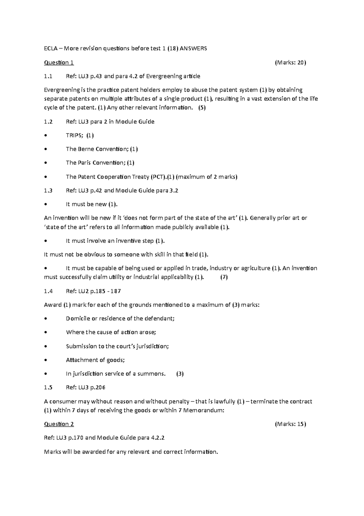Test 1 10 March 2020, answers - ECLA – More revision questions before ...