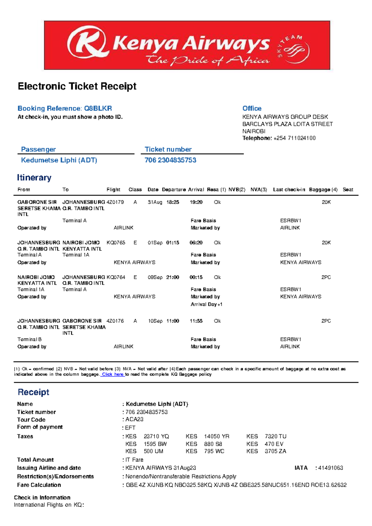 Excel book - Electronic Ticket Receipt _ Booking Reference: Q8BLKR ...
