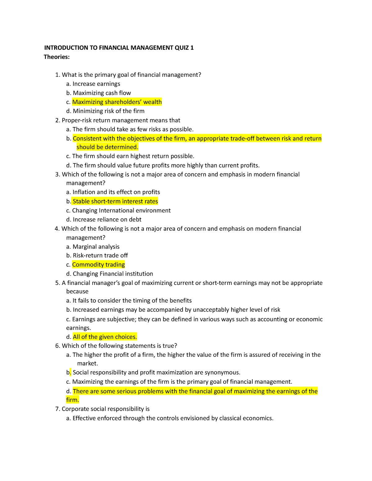 Introduction To Financial Management - Quiz 1 - INTRODUCTION TO ...