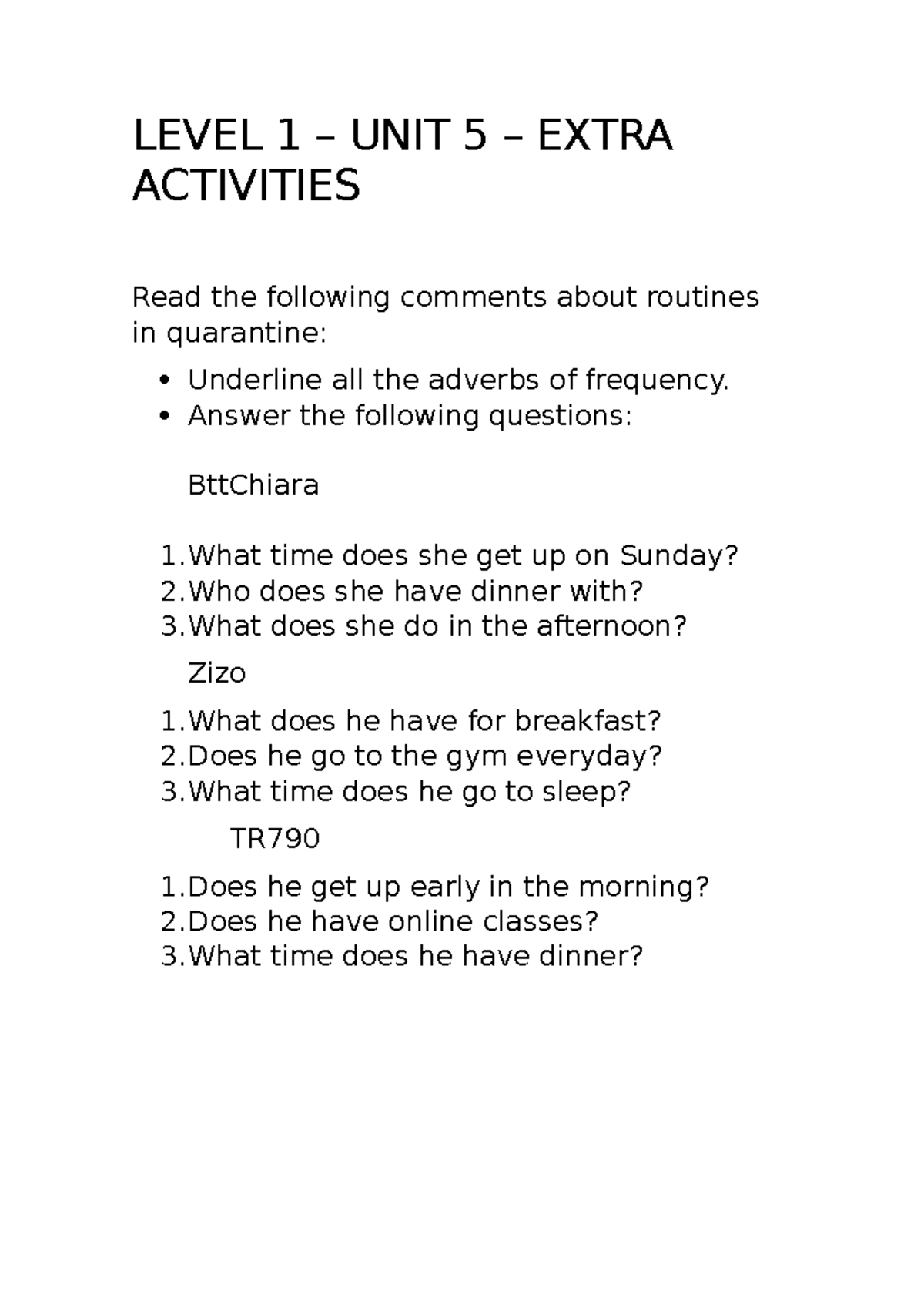 Level 1 Extra Activities UNIT 5 LEVEL 1 UNIT 5 EXTRA ACTIVITIES