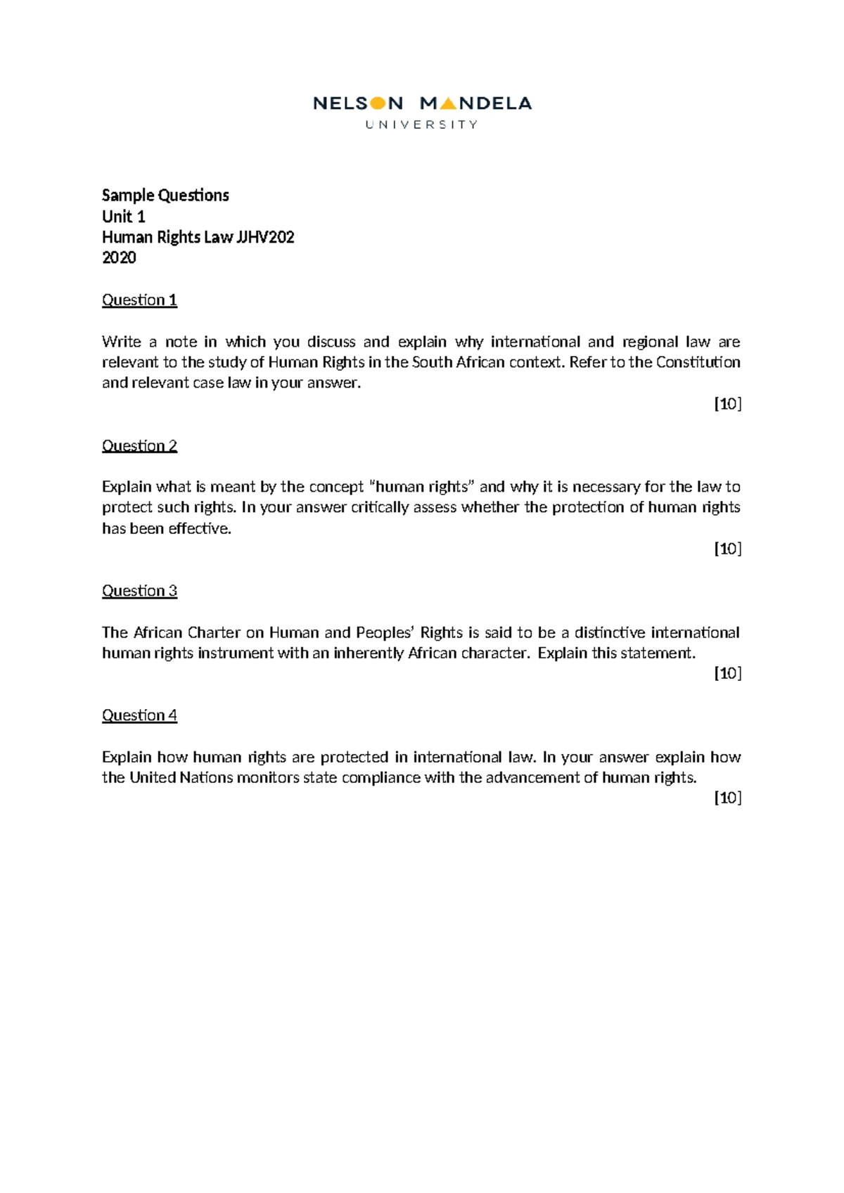 Sample Questions Unit 1 HR Law - Sample Questions Unit 1 Human Rights ...