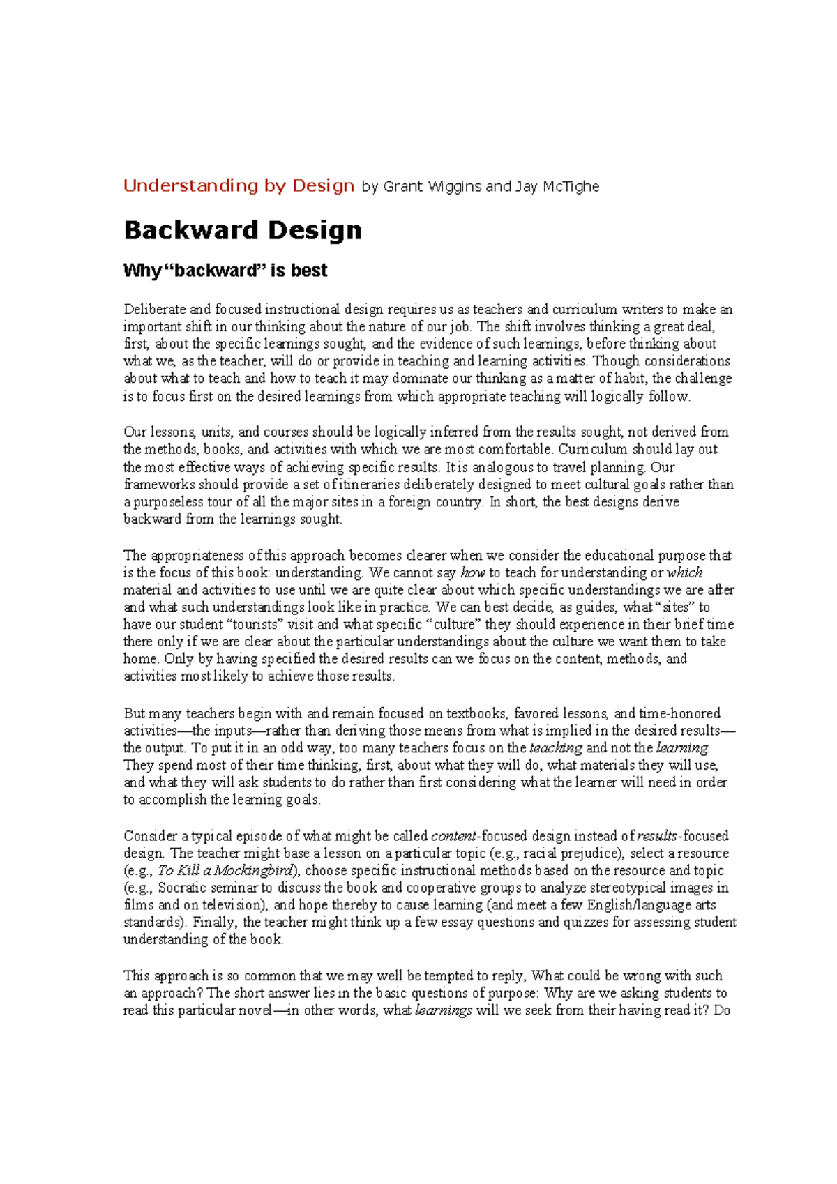 Wiggins Mc Tighe 2010 - Backward Design - Understanding by Design by ...