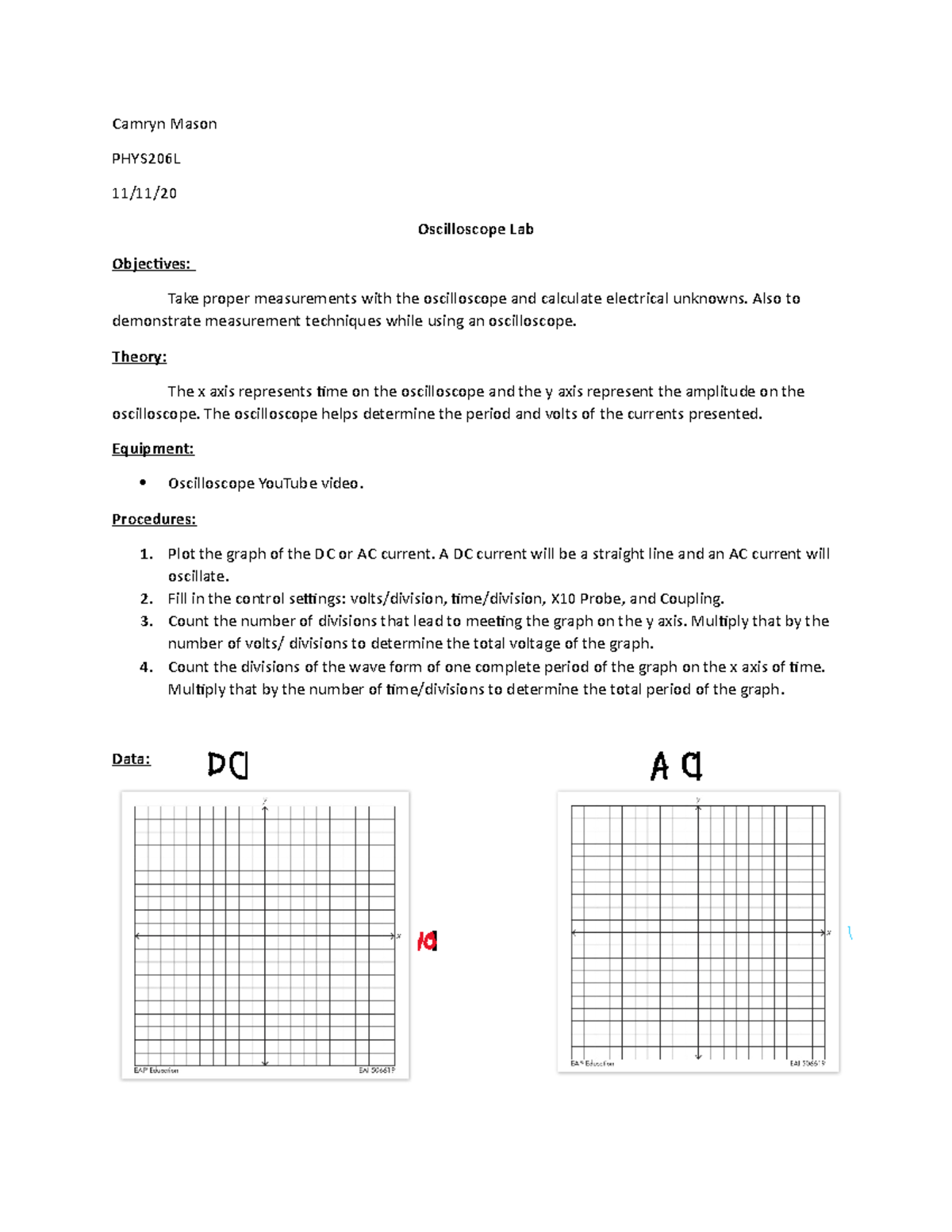 Oscilloscope lab Report Camryn Mason PHYS206L 11/11/ Oscilloscope Lab