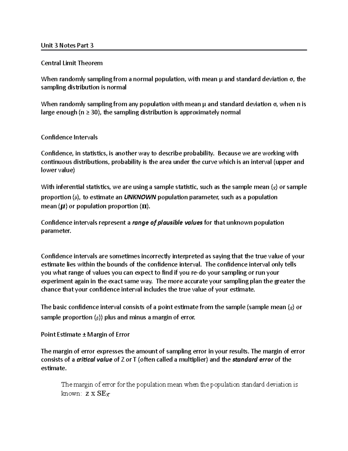 Unit 3 Notes Part 3 - Unit 3 Notes Part 3 Central Limit Theorem When ...