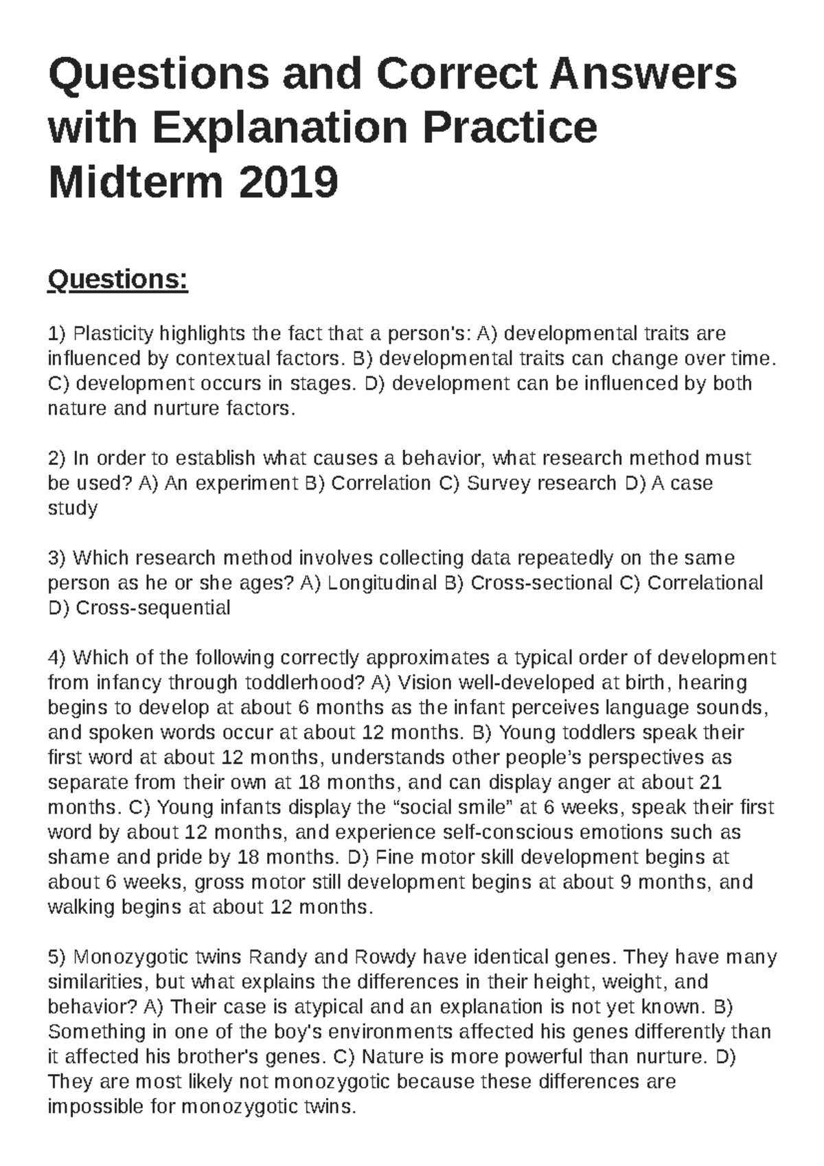 PSY2114 - Practice Midterm 2019 Q&A - Questions and Correct Answers ...