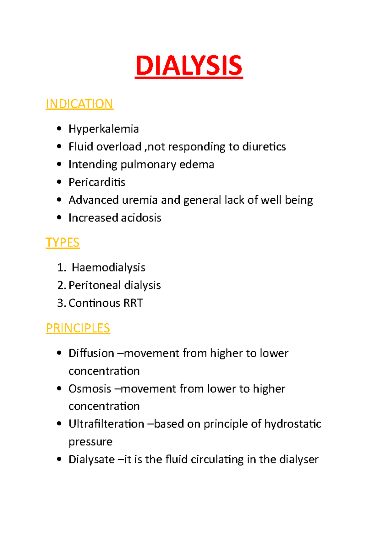 Dialysis hemodialysis - DIALYSIS INDICATION Hyperkalemia Fluid overload ...