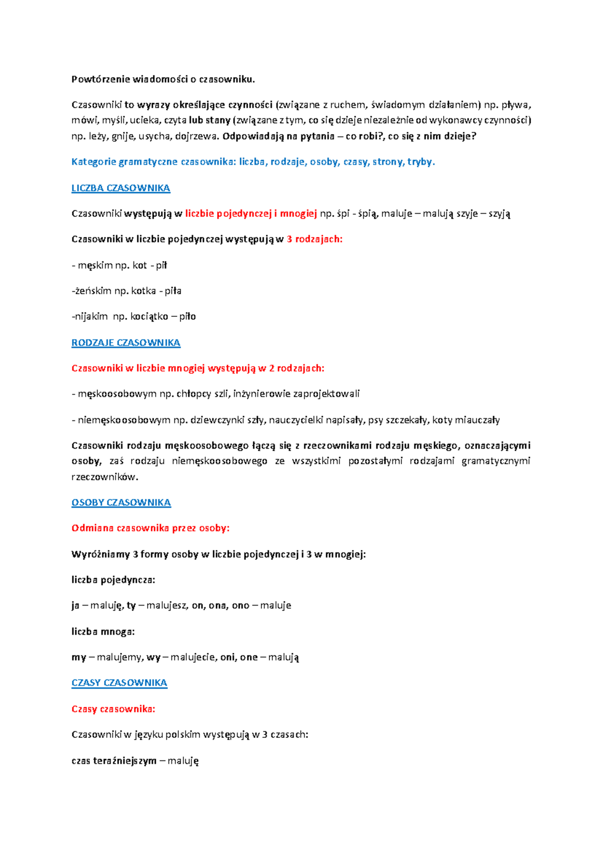 Powtórzenie Wiadomości O Czasowniku Klasa 4 www.studocu.com