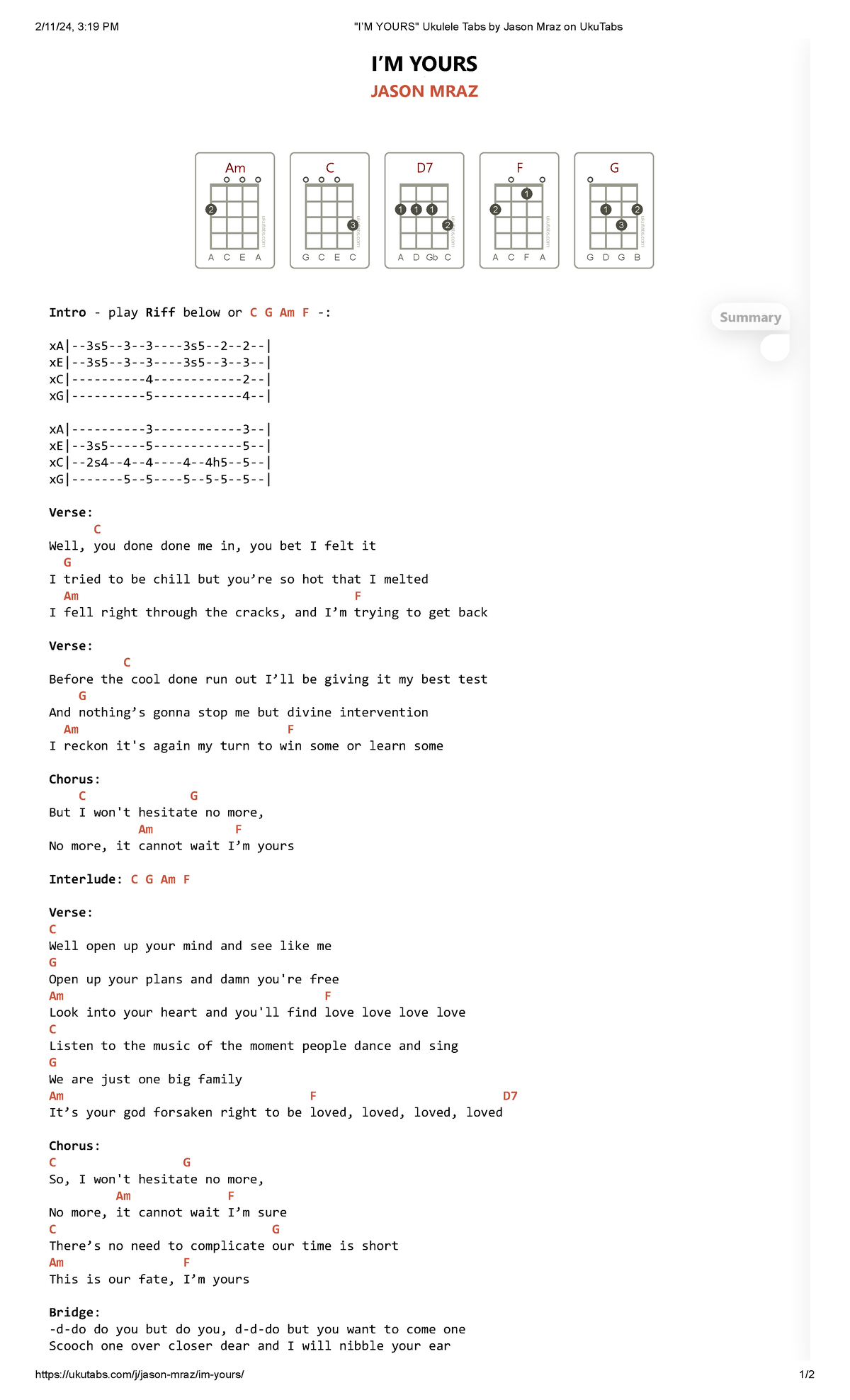 I’M Yours Ukulele Tabs by Jason Mraz on Uku Tabs 2/11/24, 319 PM "I