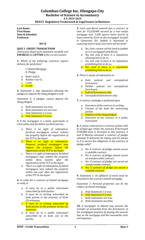 SET A-QUIZ 1- Credit Transactions-With Answers - Bachelor Of Science In ...