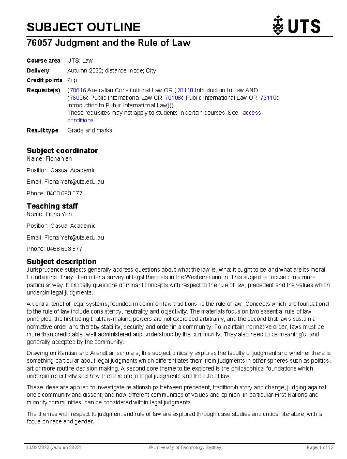 Subject Outline Judgment and ROL - SUBJECT OUTLINE 76057 Judgment and ...