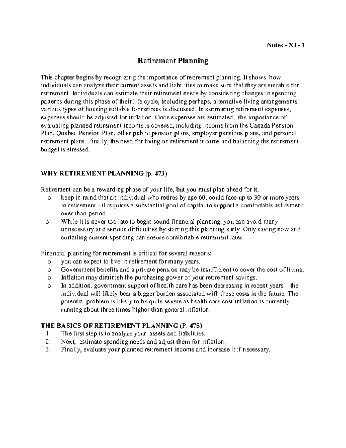 Notes 11 - Retirement Planning This chapter begins by recognizing the ...