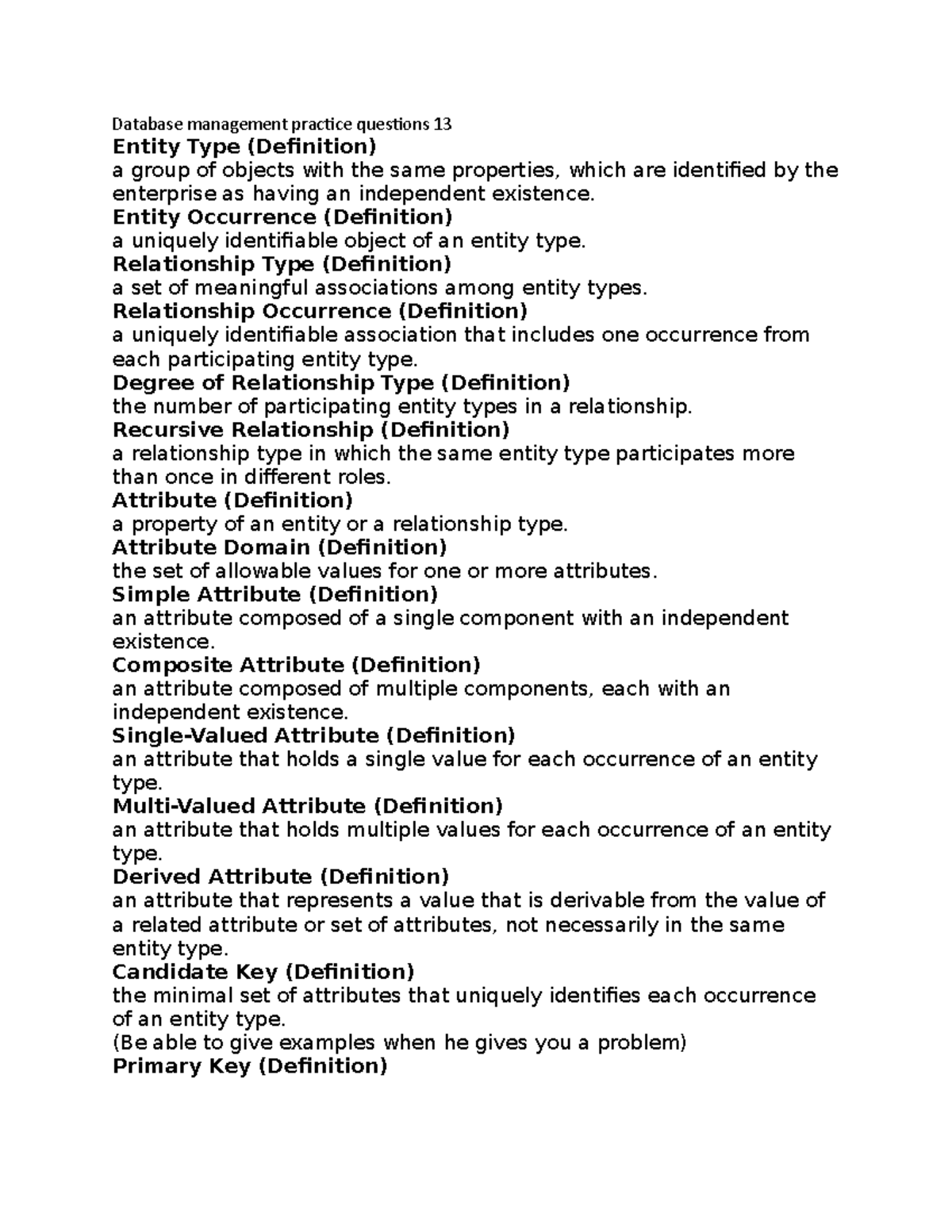 Database management practice questions 13 Entity Occurrence