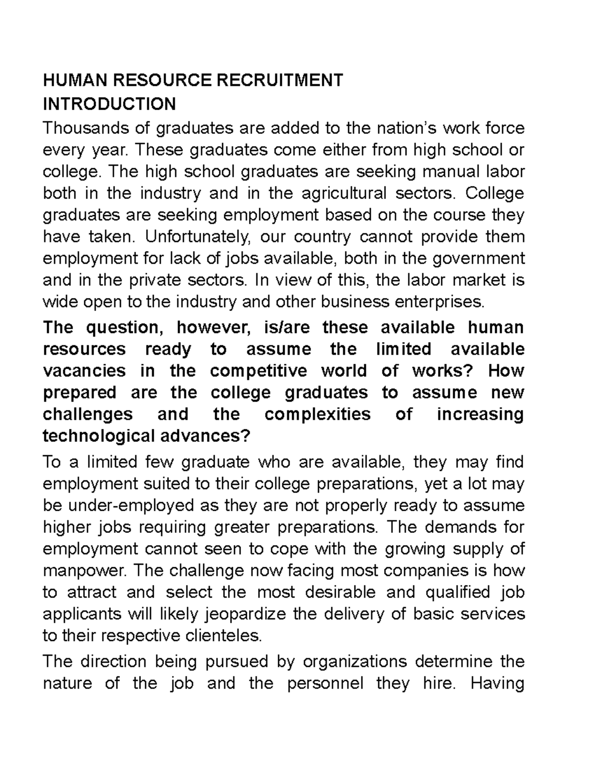 Human Resource Recruitment - HUMAN RESOURCE RECRUITMENT INTRODUCTION ...