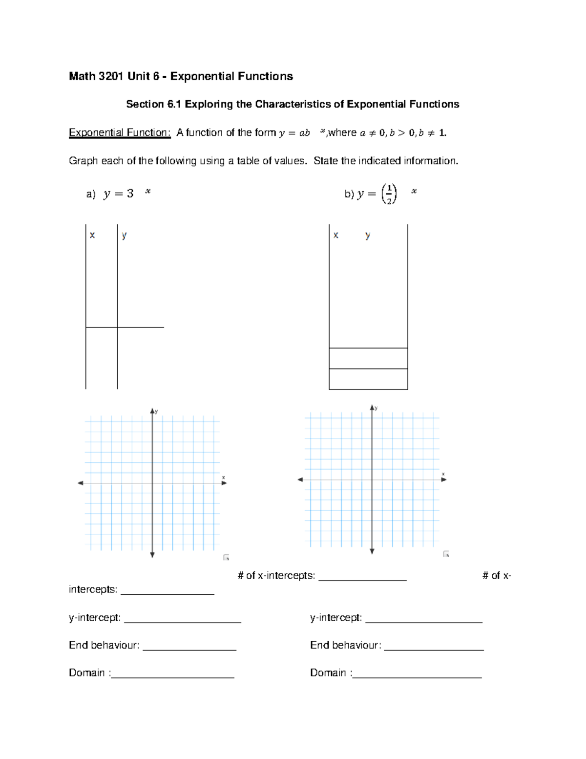 Math 3201 unit 6 exponential functions math 3201 unit 6