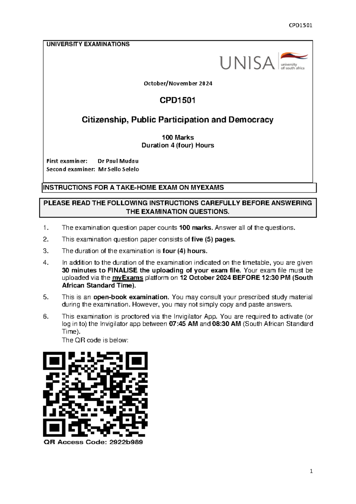 CPD1501 October 2024 Exam - UNIVERSITY EXAMINATIONS October/November ...