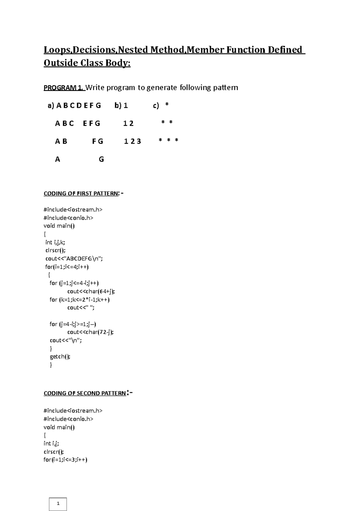 Programs - Loops,Decisions,Nested Method,Member Function Defined ...