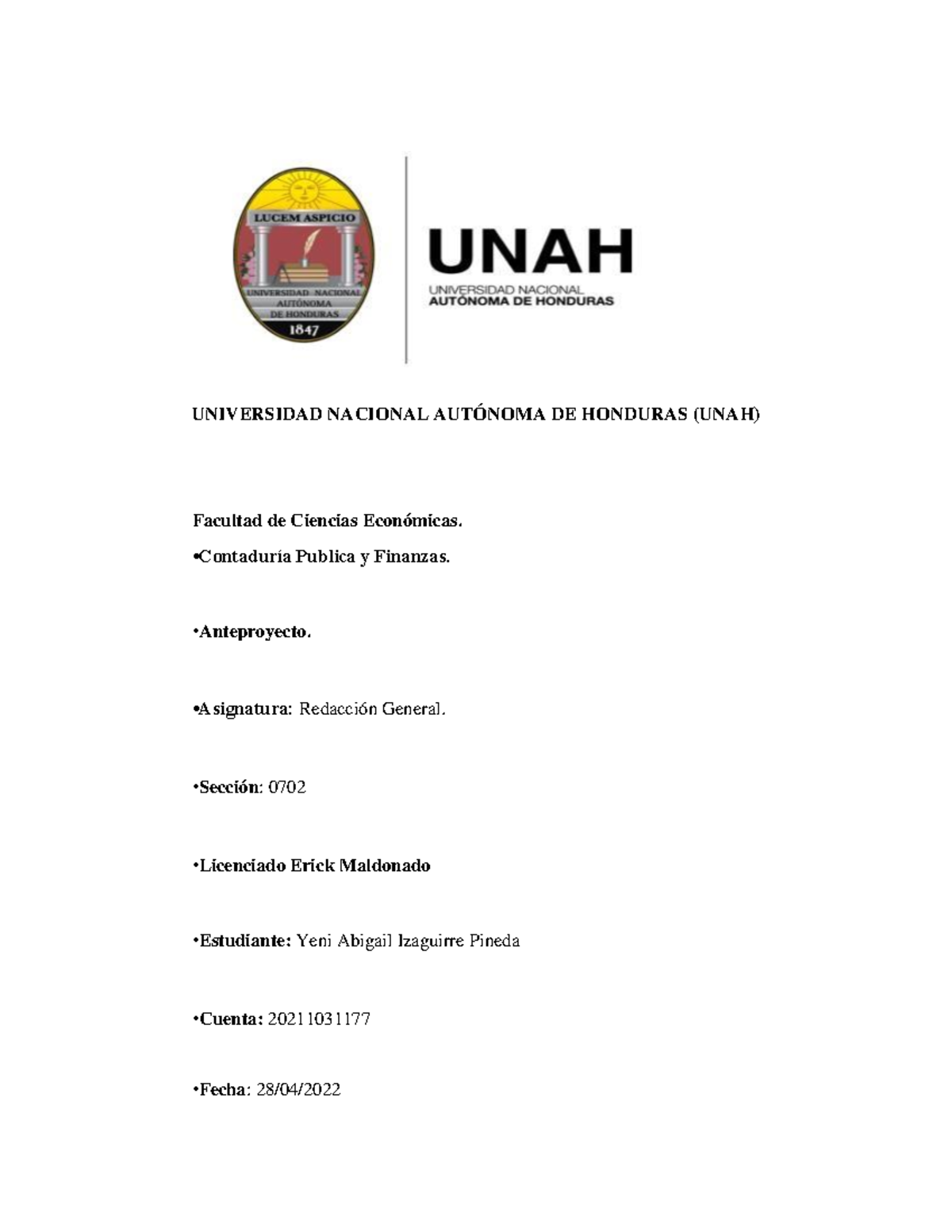 Anteproyecto Redacción Universidad Nacional AutÓnoma De Honduras Unah Facultad De Ciencias 2687