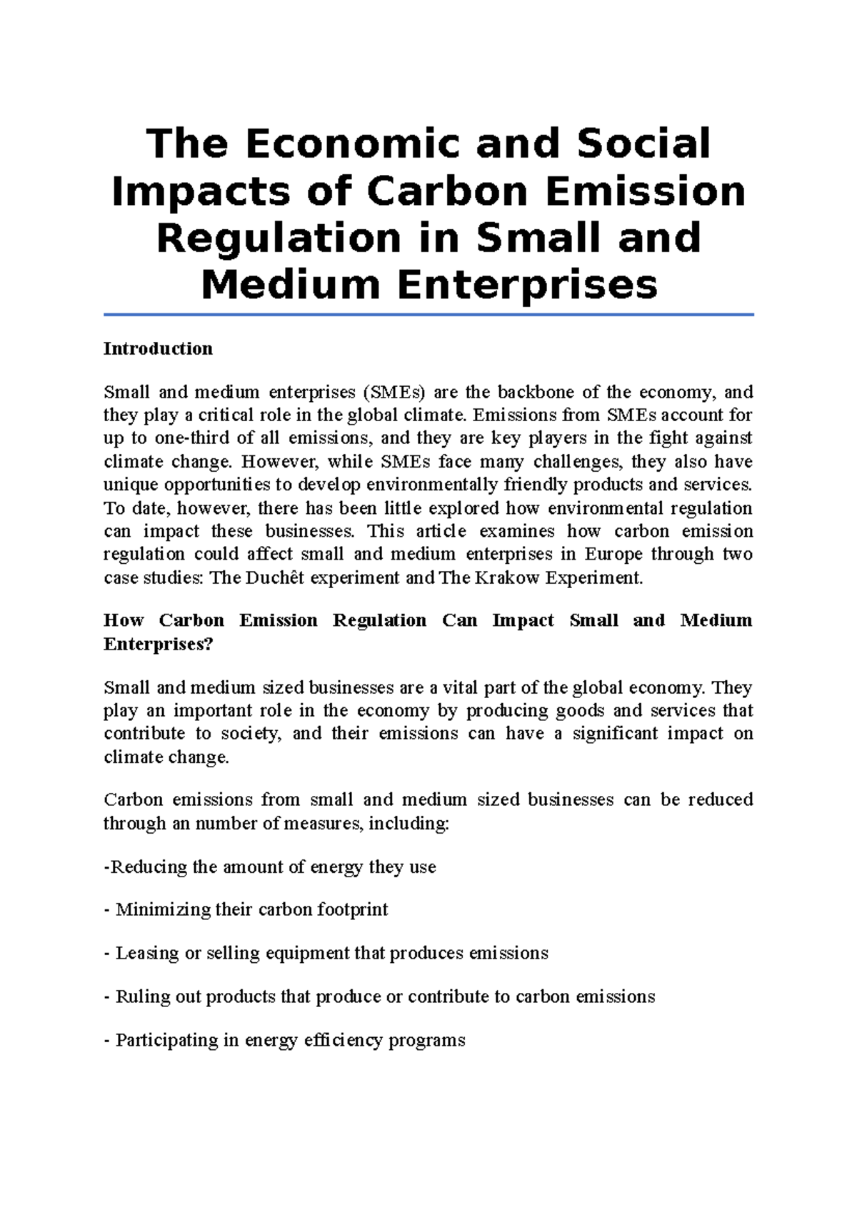 The Economic and Social Impacts of Carbon Emission Regulation in Small ...