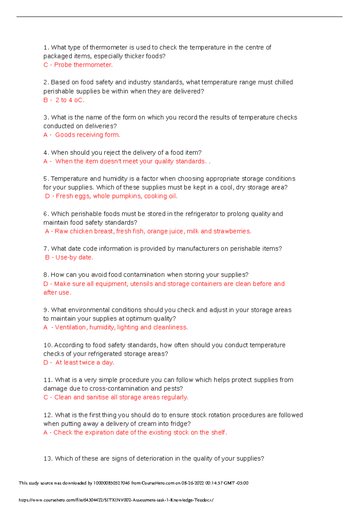 Sitxinv 002 Assessment Task 1 Knowledge Test - What Type Of Thermometer ...