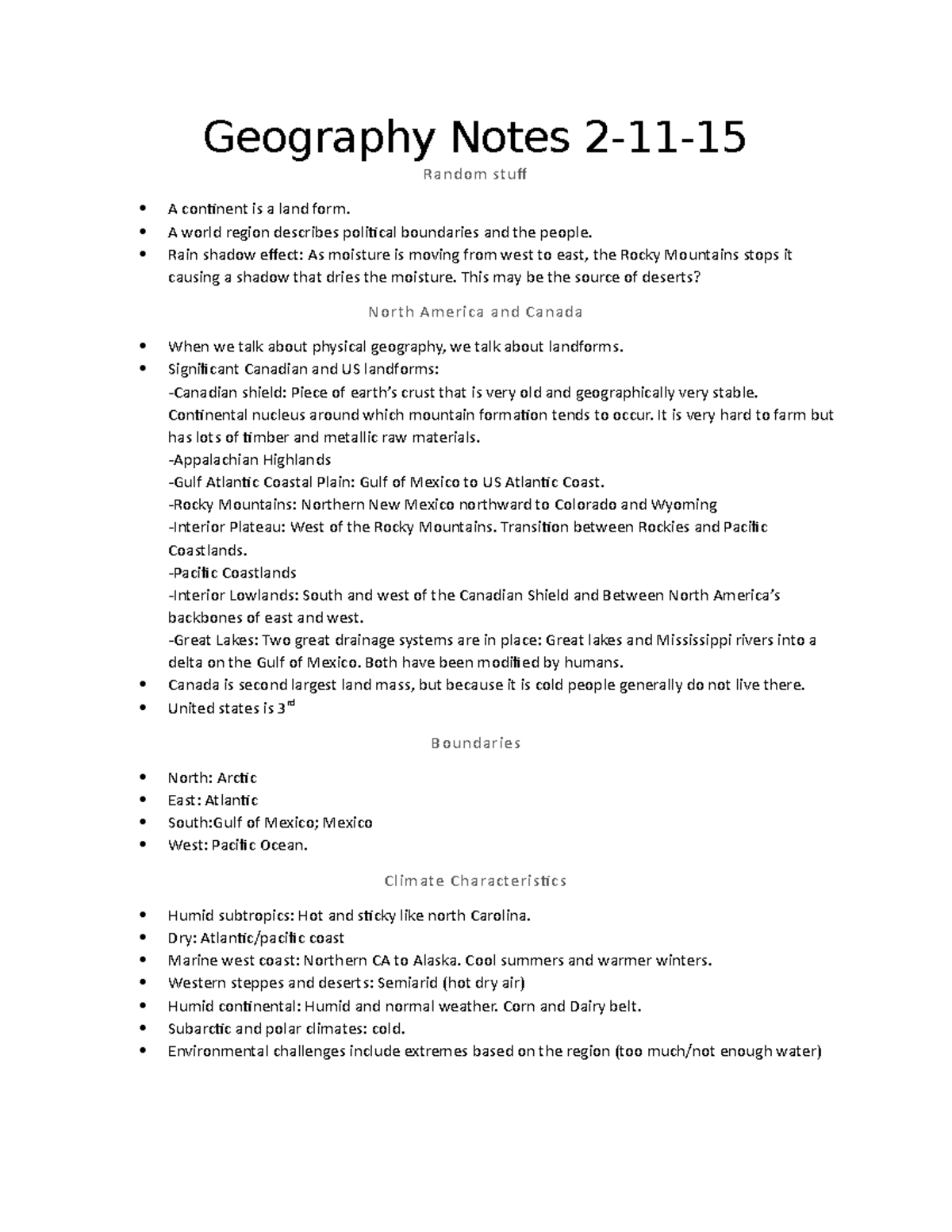 2-11-15 - Lecture notes 5 - Geography Notes 2-11-15 Random stuff A ...