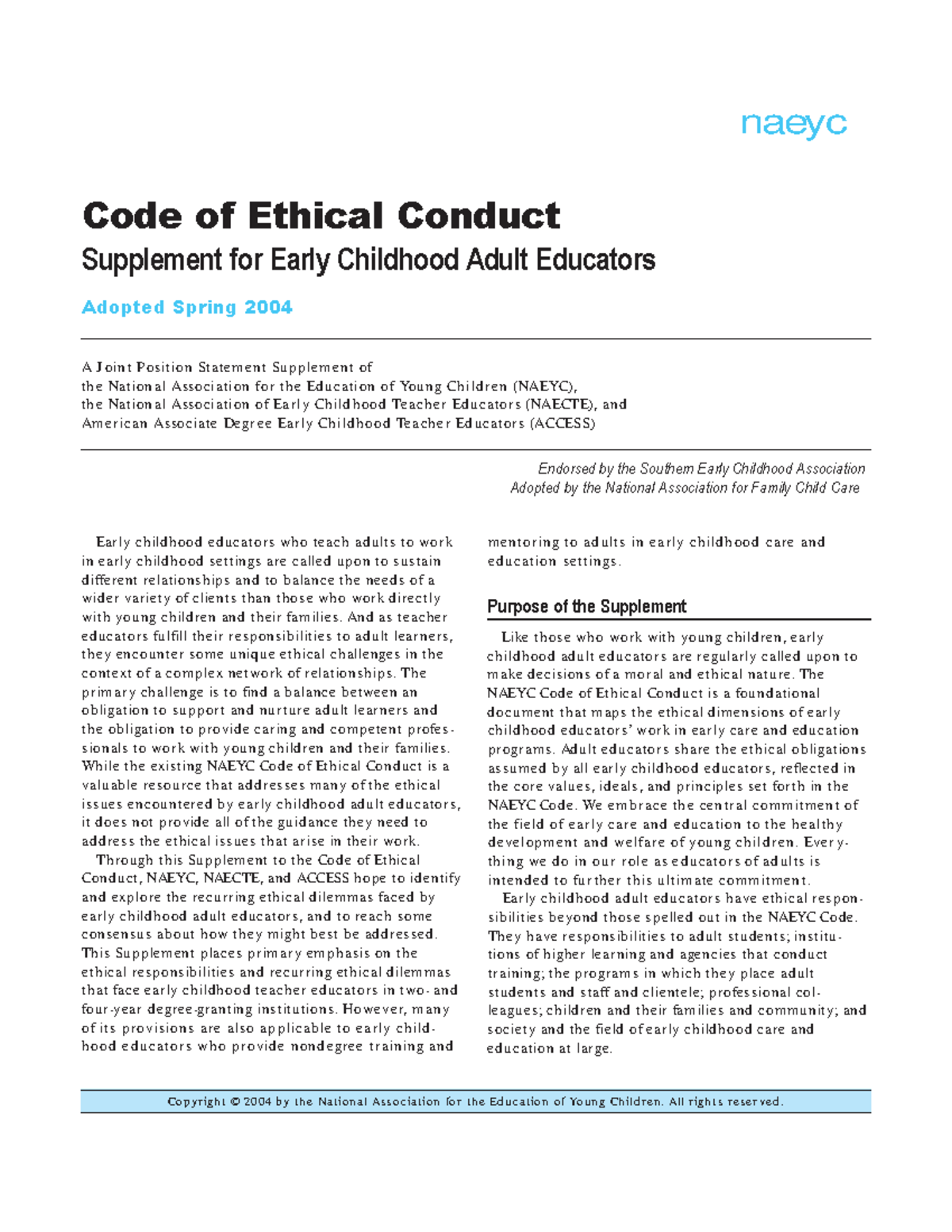 Naeyc Code of Ethical Conduct Supplement for Early Childhood Adult