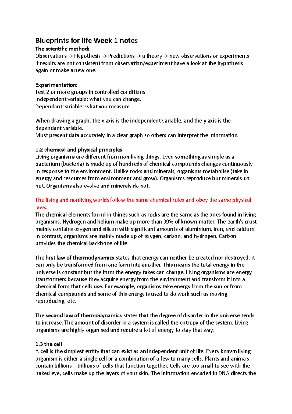 Blueprints for life Week 1 notes - Blueprints for life Week 1 notes The ...