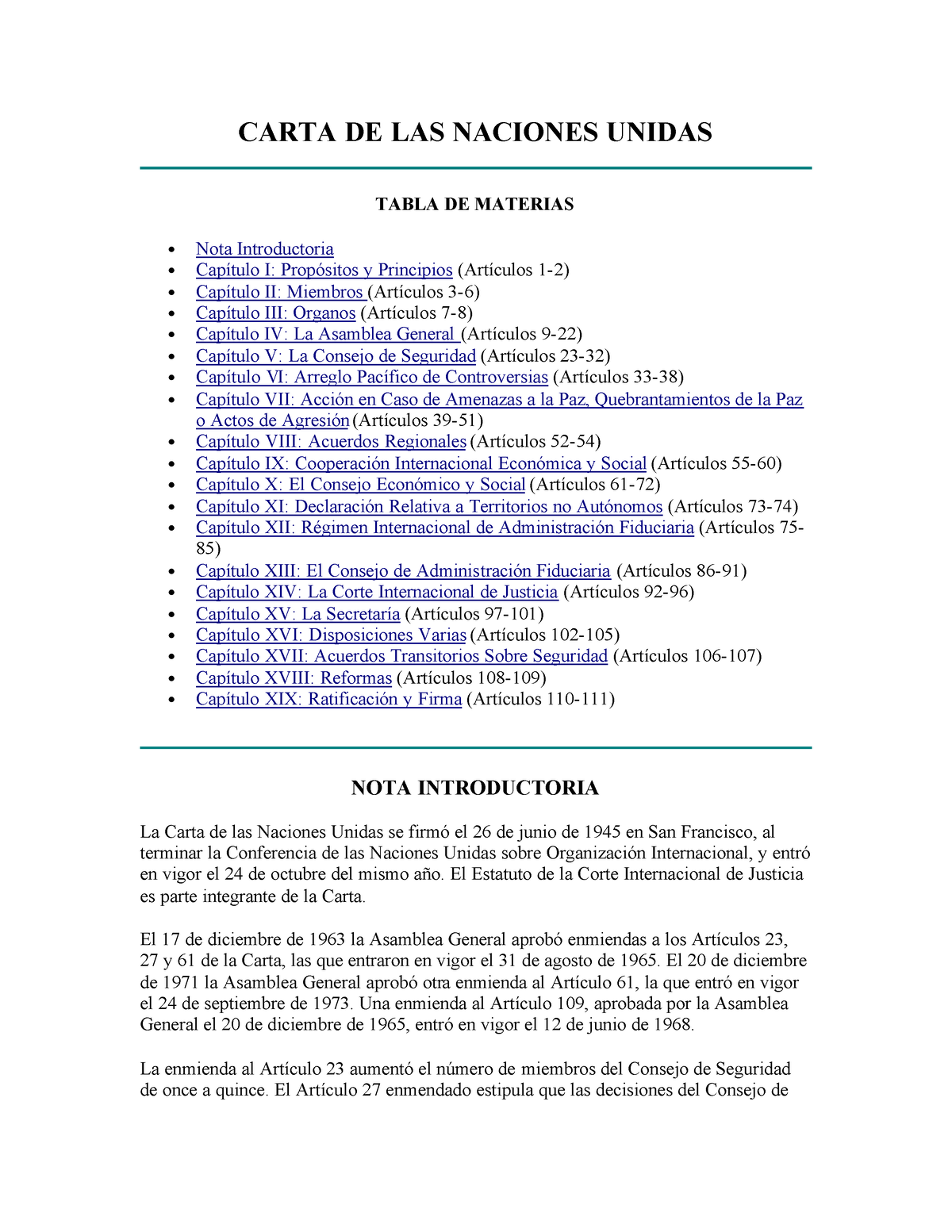 Carta United Nations Carta De Las Naciones Unidas Tabla De Materias Nota Introductoria