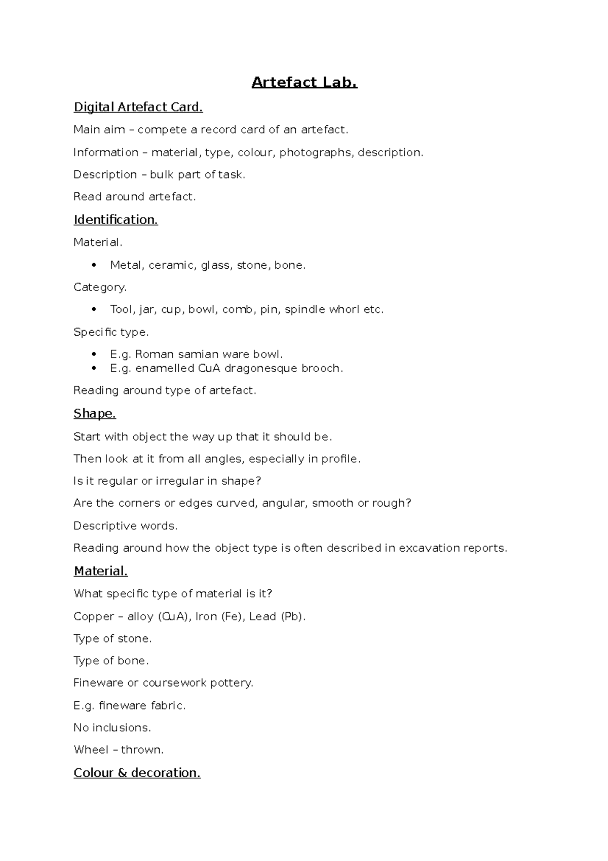 Artefact Lab - Notes - Artefact Lab. Digital Artefact Card. Main aim ...
