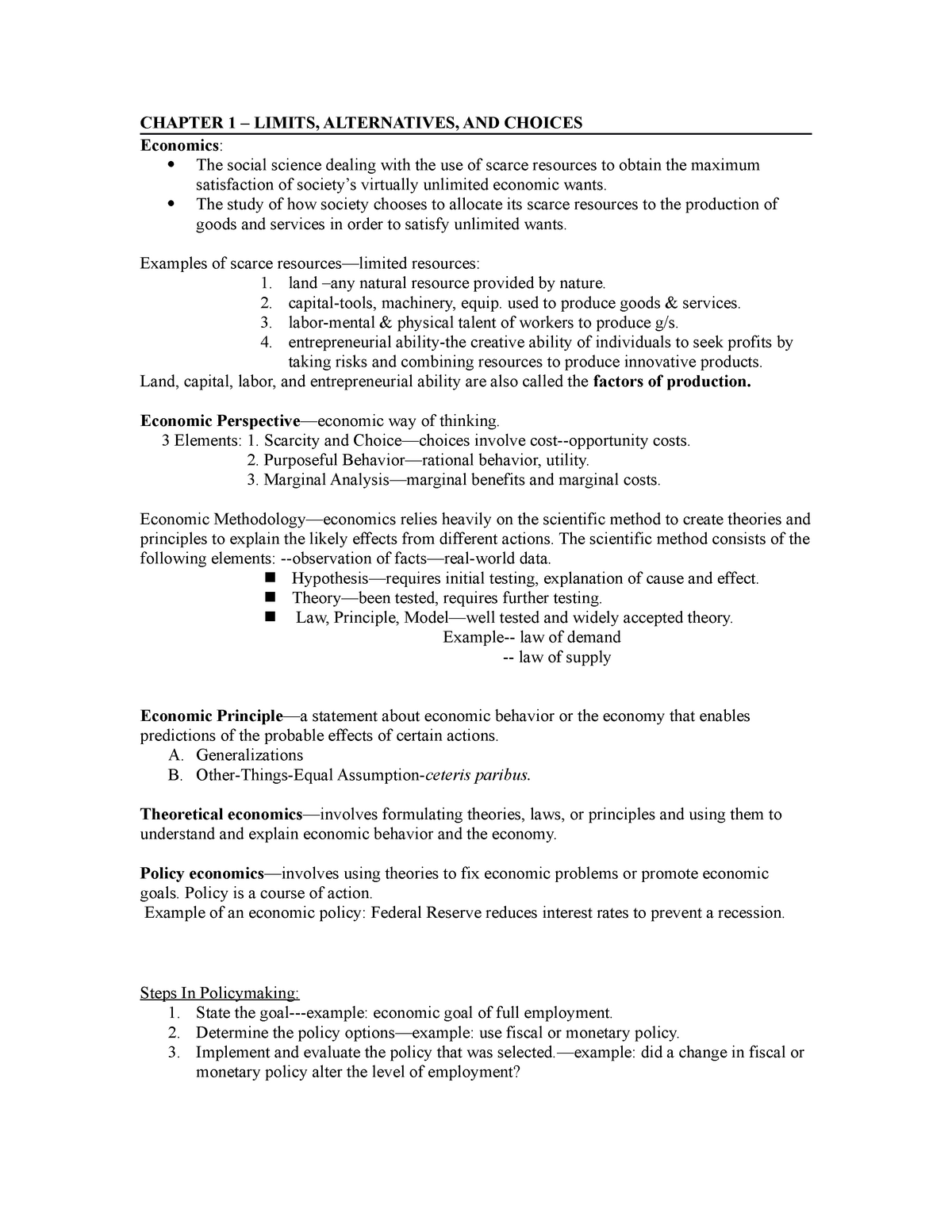 Macroeconomics CH1 Notes - MACROECONOMICS CHAPTER 1: Limits, alternatives,  and choices Economics is - Studocu