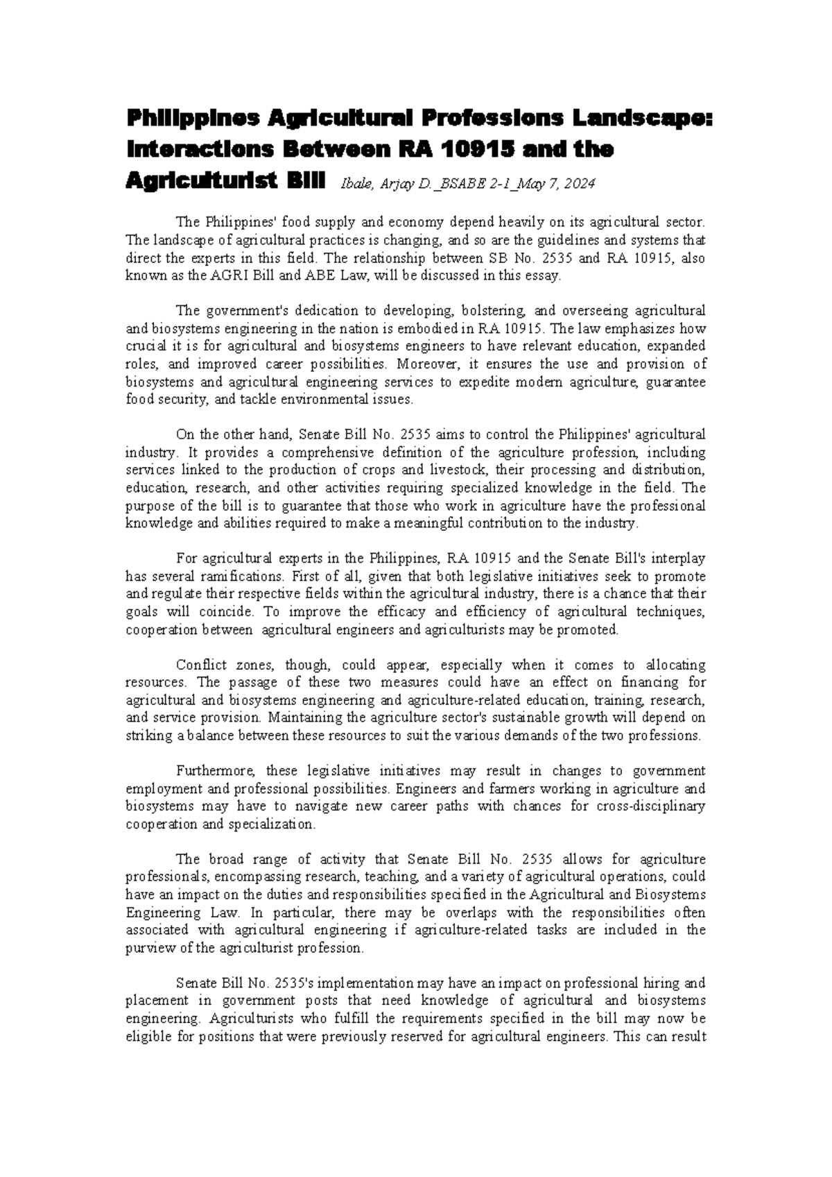 Computerized SB2535 Affecting RA10915 Ibale - Philippines Agricultural ...