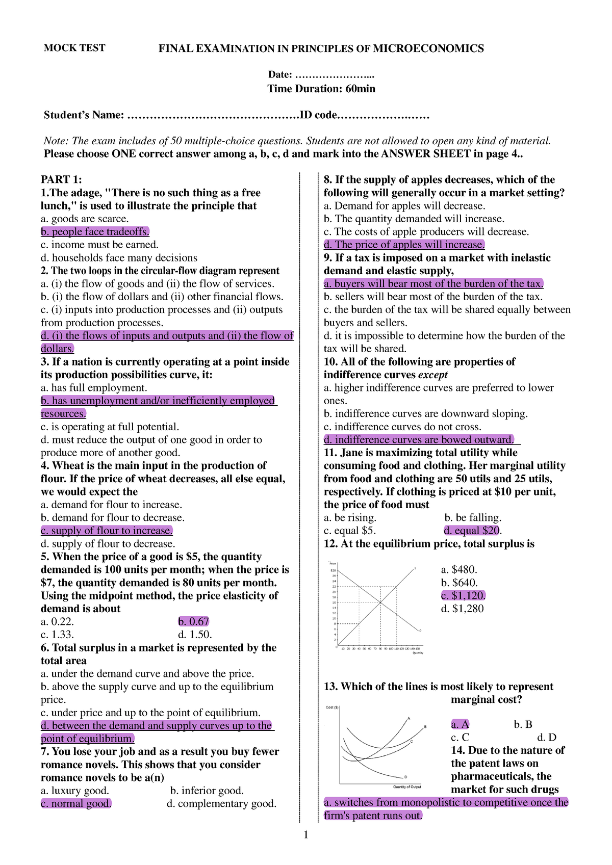 Mock Test B Final Examination Principles Of Microeconomics - MOCK TEST ...