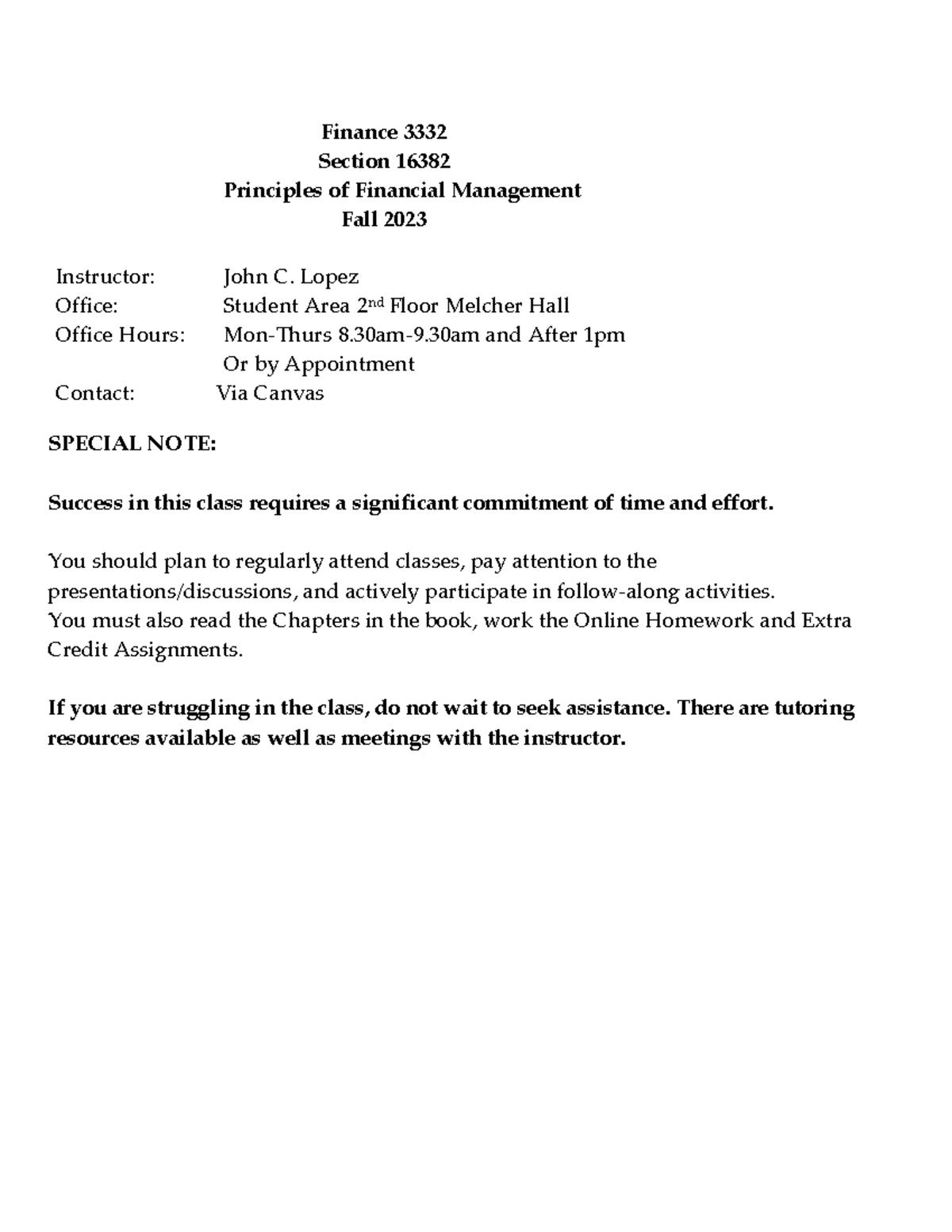FINA 3332 Syllabus Fall 2023-1 - Finance 3332 Section 16382 Principles ...