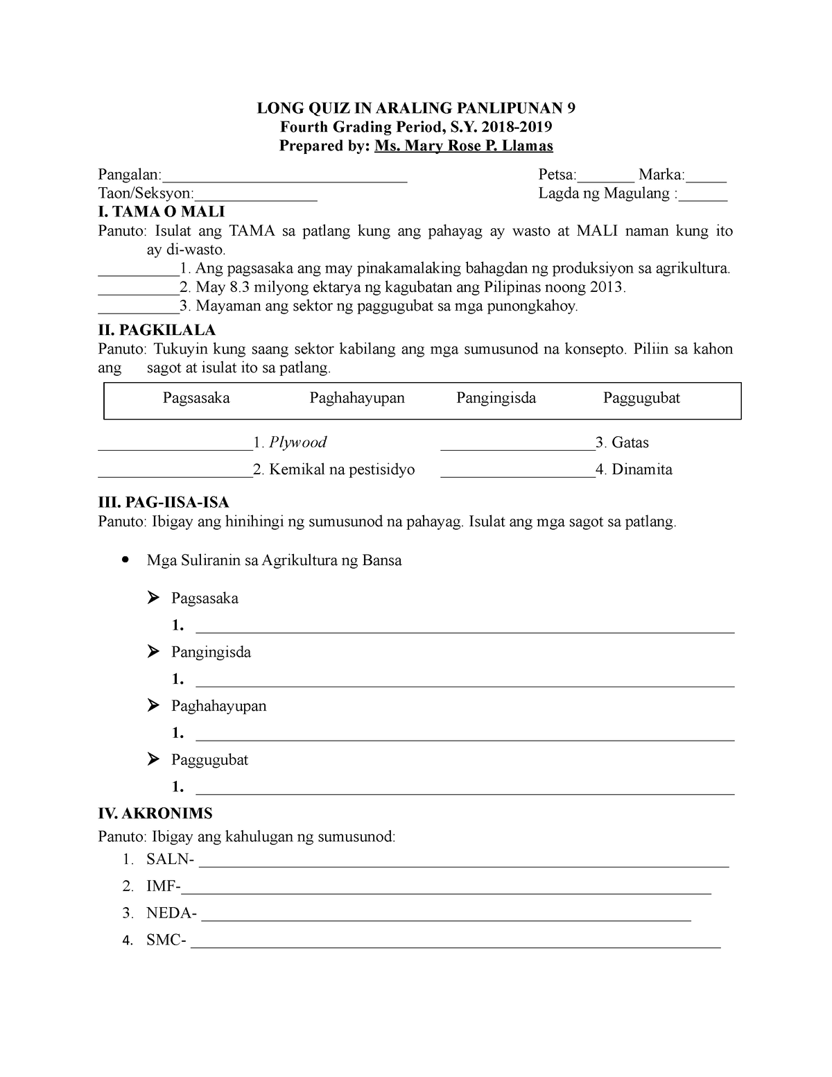 Periodic Exam Gr. 9 - Notes - LONG QUIZ IN ARALING PANLIPUNAN 9 Fourth ...