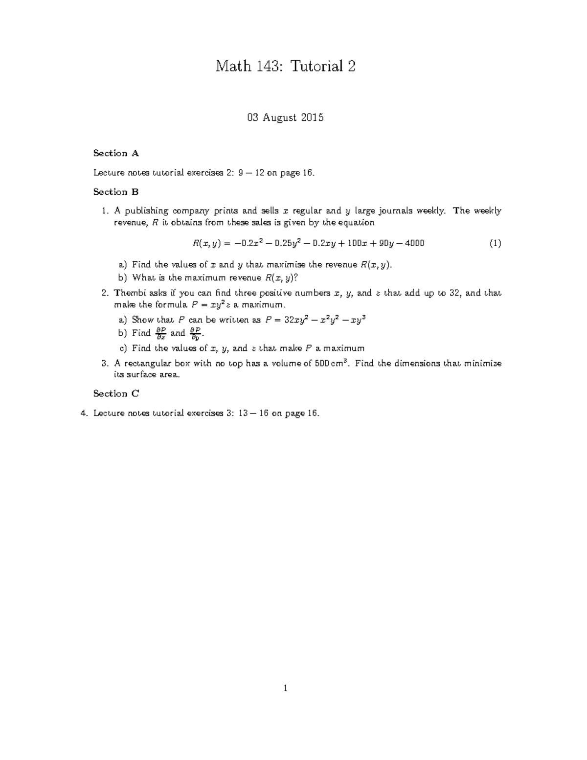 Tut2 3 August 2015 - Mathematics 143 - Math 143: Tutorial 2 03 August ...