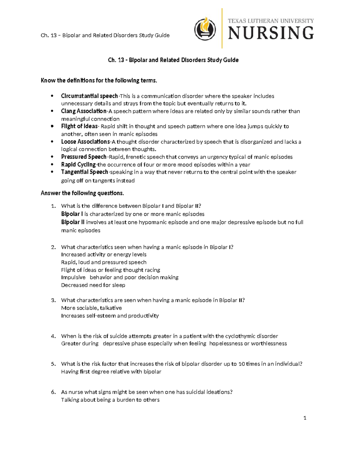 Ch 13 - Bipolar and Related Disorders Study Guide - Ch. 13 – Bipolar ...