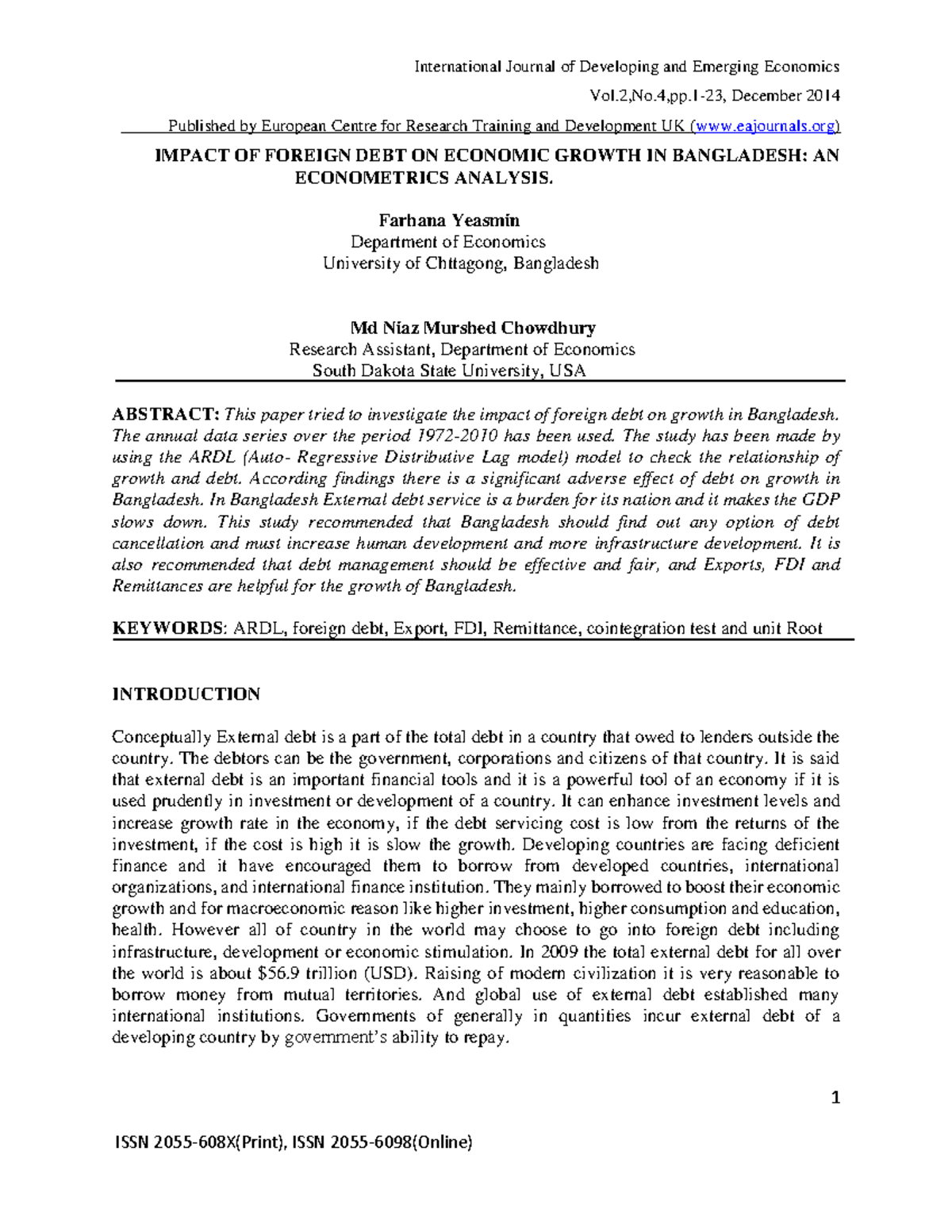 Impact Of Foreign Debt On Economic Growth In Bangladesh - Vol,No,pp-23 ...