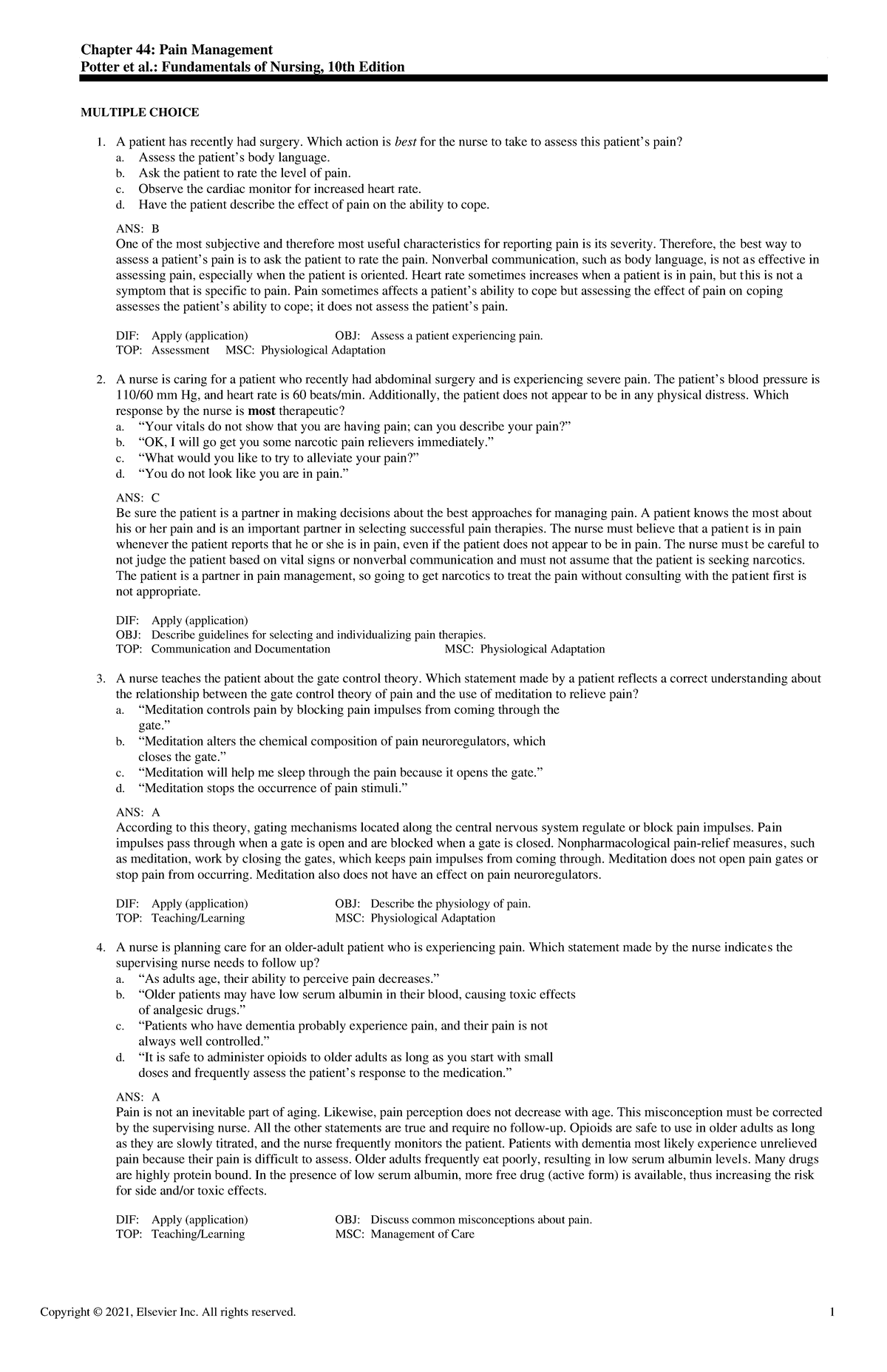 Exam View - Chapter 44 - Notes - Chapter 44: Pain Management Potter et ...