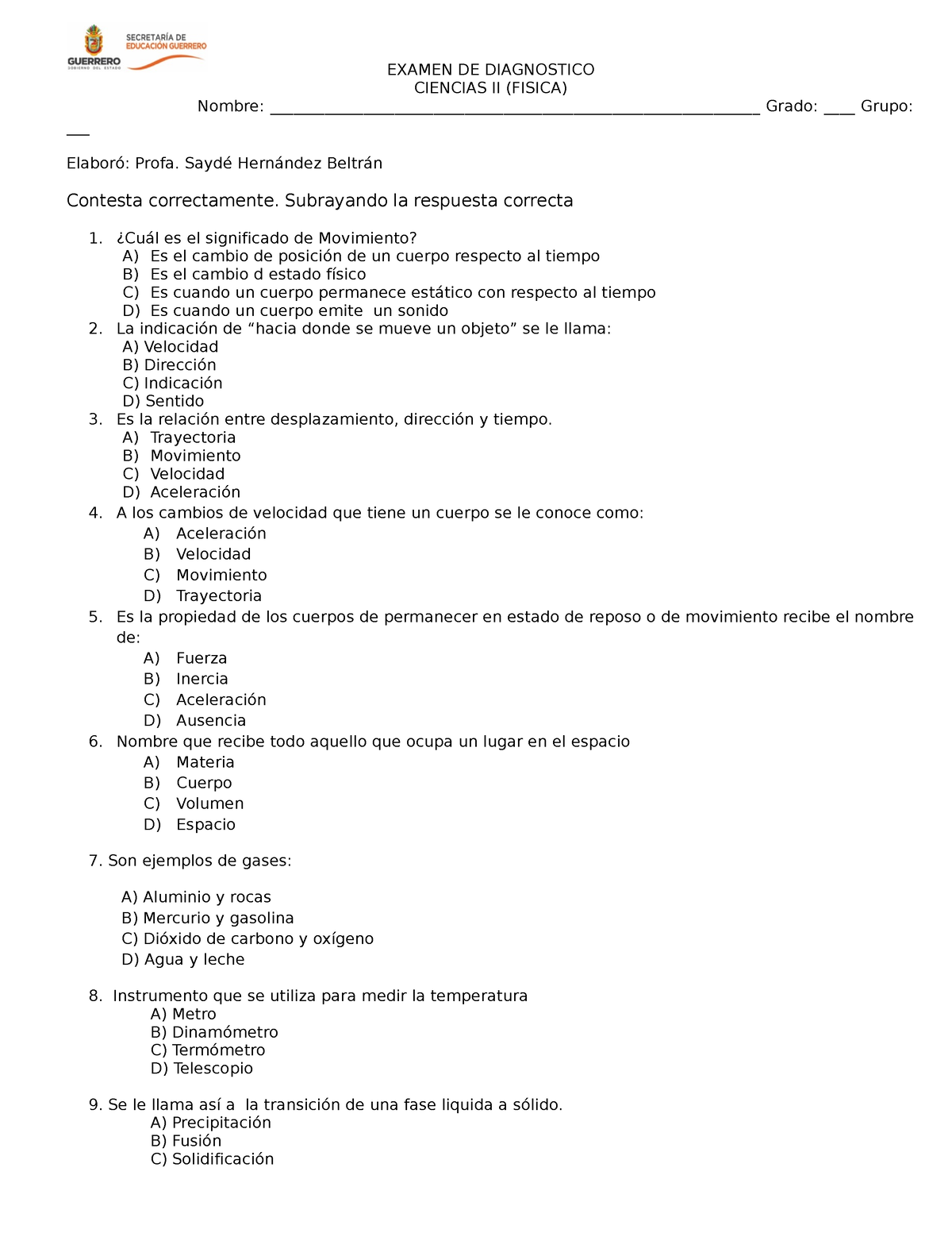 Examen Diagnostico- Fisica-22 - EXAMEN DE DIAGNOSTICO CIENCIAS II ...