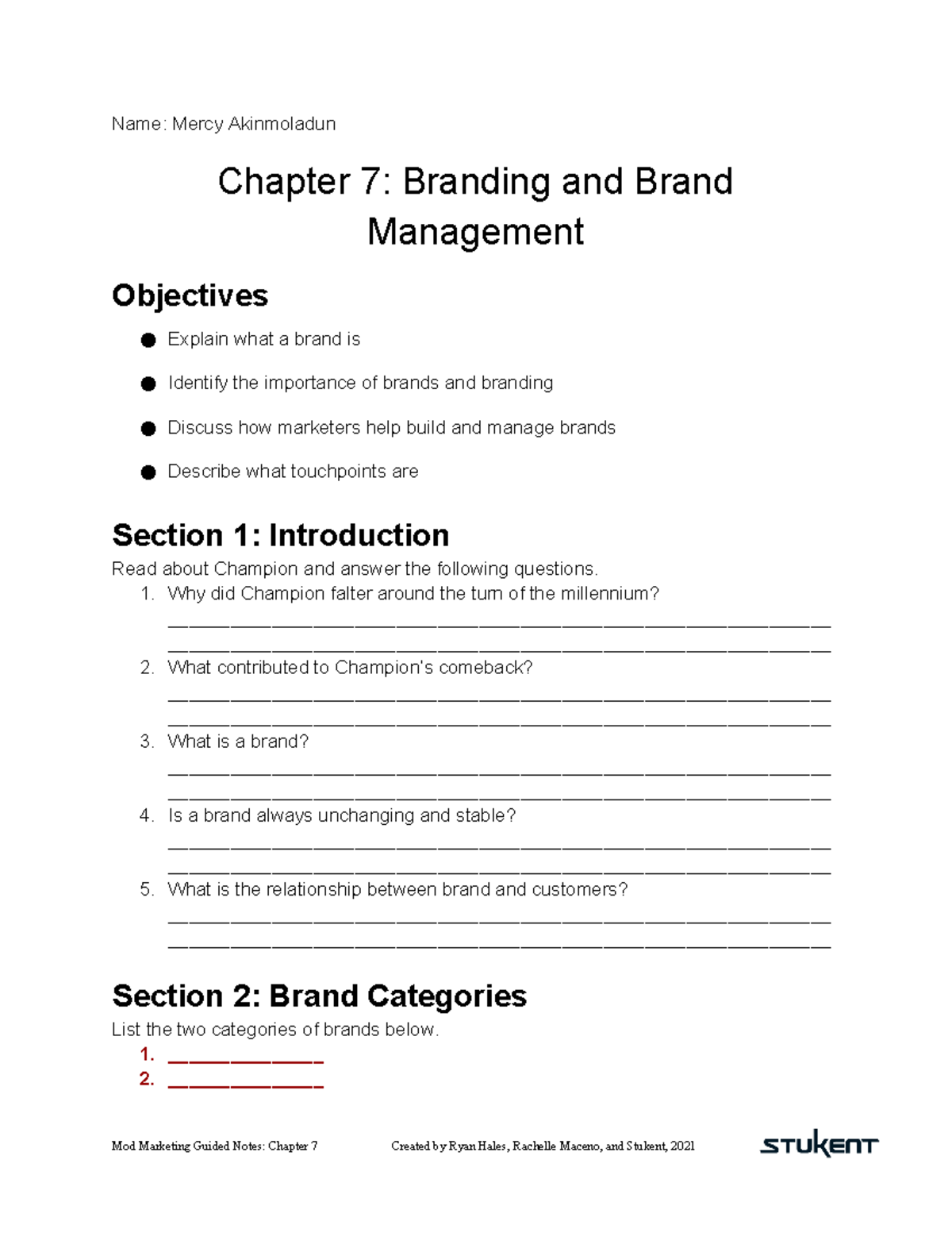 Chapter 7 Guided Notes 4 - Name: Mercy Akinmoladun Chapter 7: Branding ...