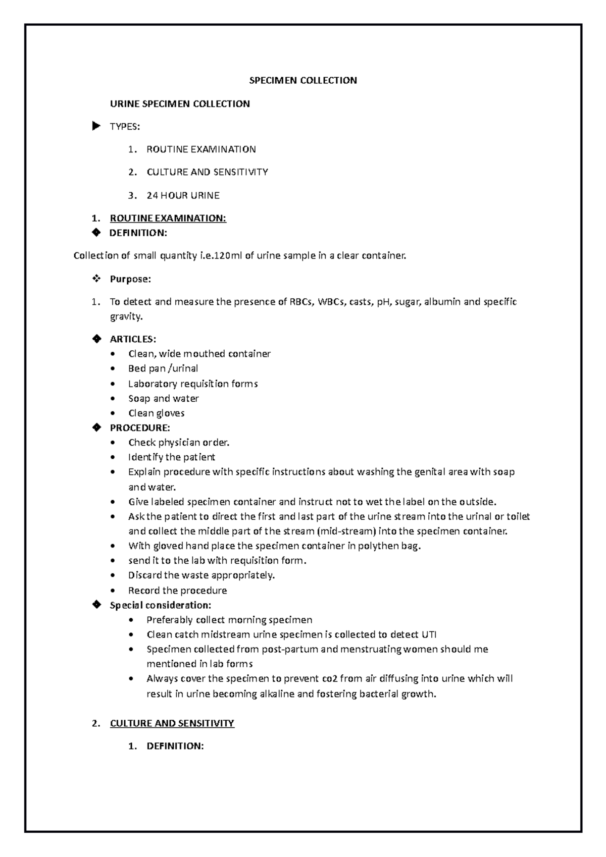 Urine and Stool Collection SPECIMEN COLLECTION URINE SPECIMEN COLLECTION TYPES 1. ROUTINE