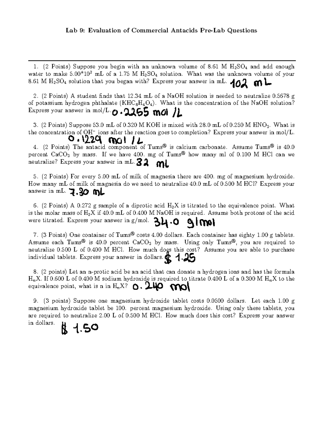 Lab 9 Pre Lab Commercial Antacids Questions Lab 9 Evaluation of