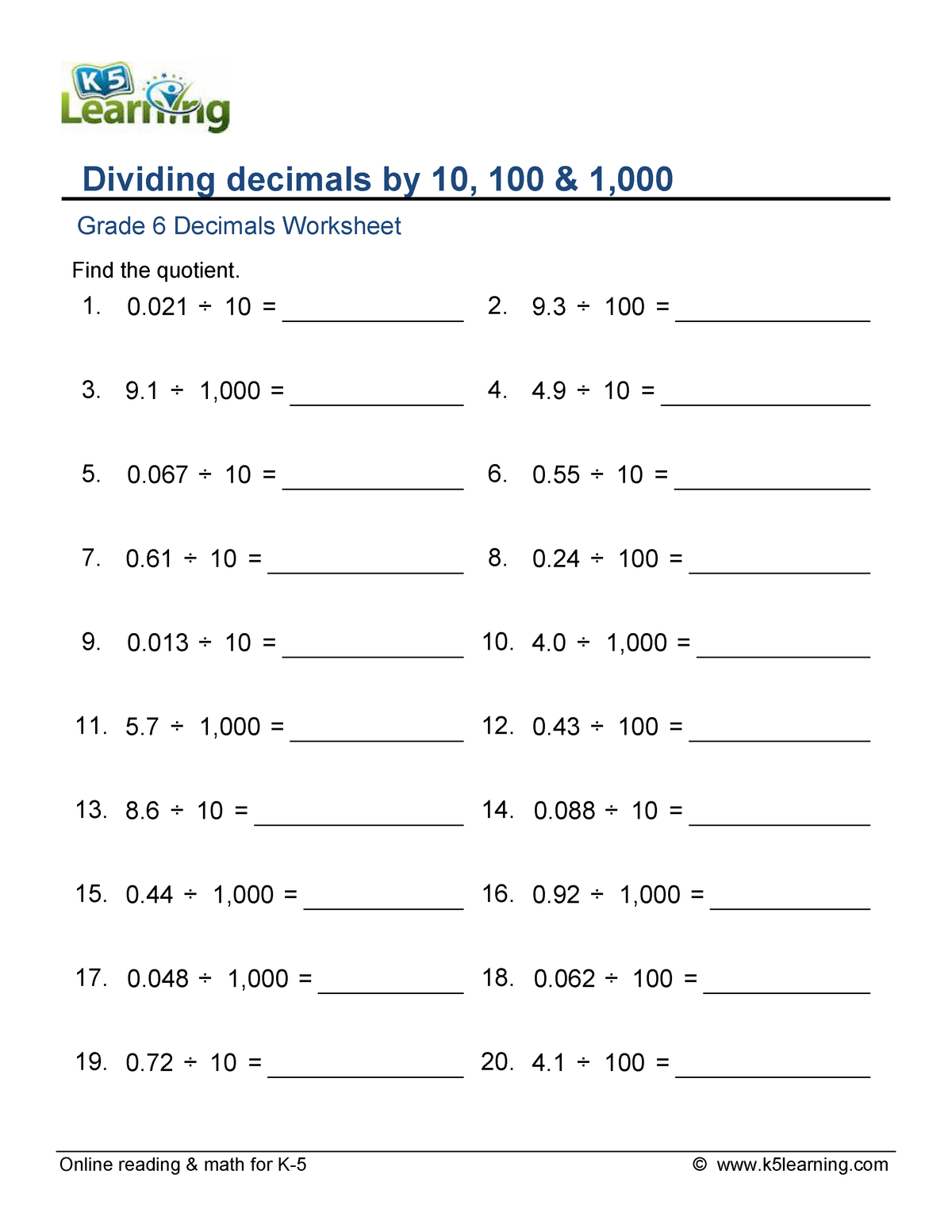 Dividing decimals by 10, 100 & 1,000 - MATH - MQ - Studocu