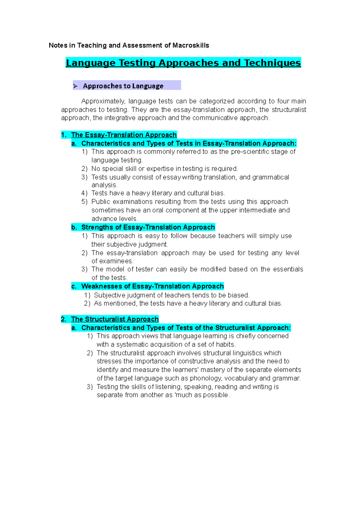 Language Testing Approaches And Techniques Notes In Teaching And