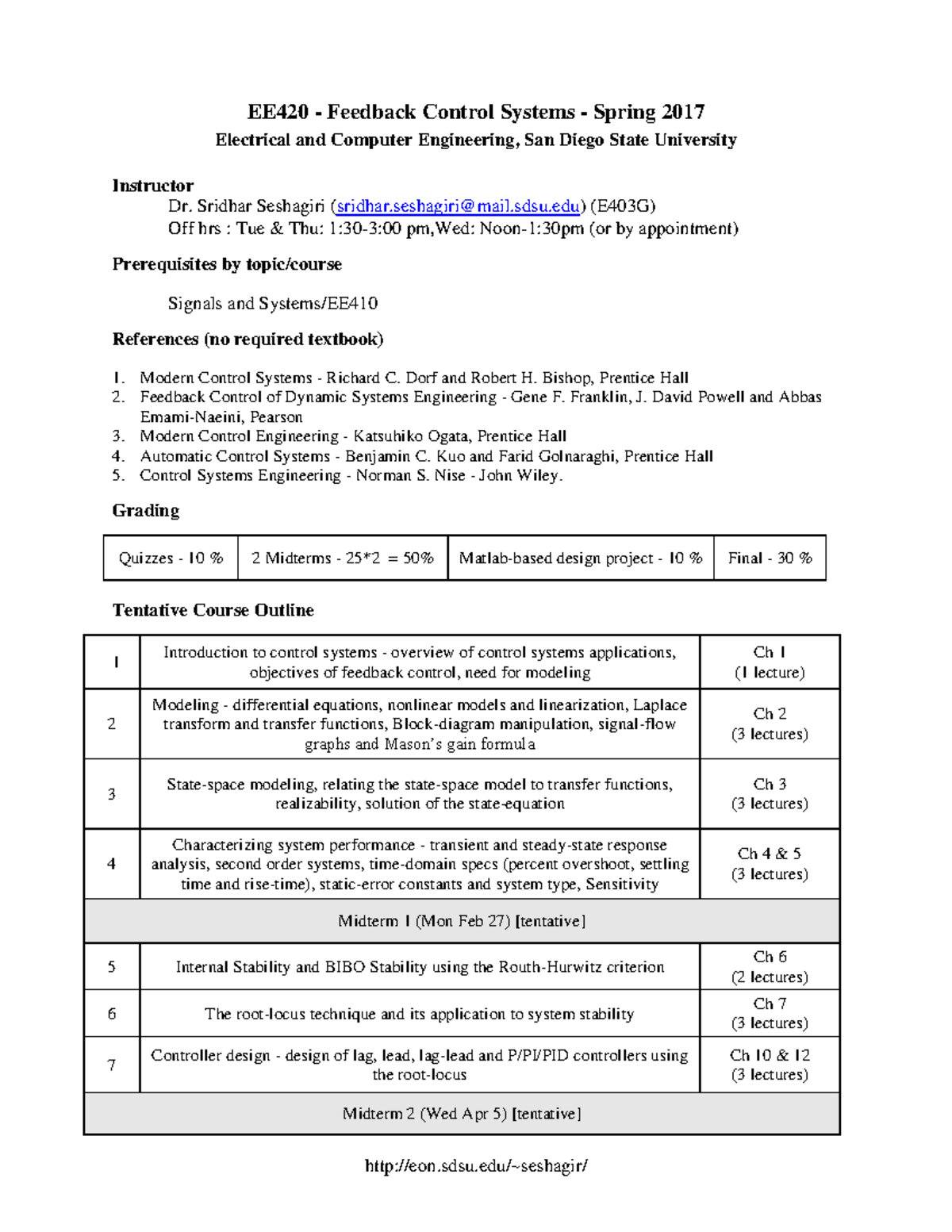 Spring 2017 - Syllabus - EE420 - Feedback Control Systems - Spring 2017 ...