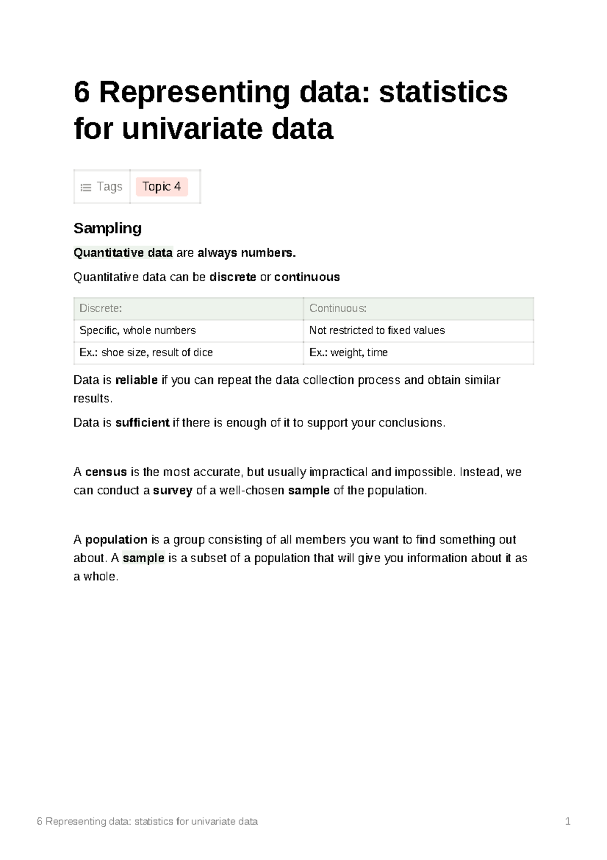 6 Representing data statistics for univariate data - Quantitative data ...