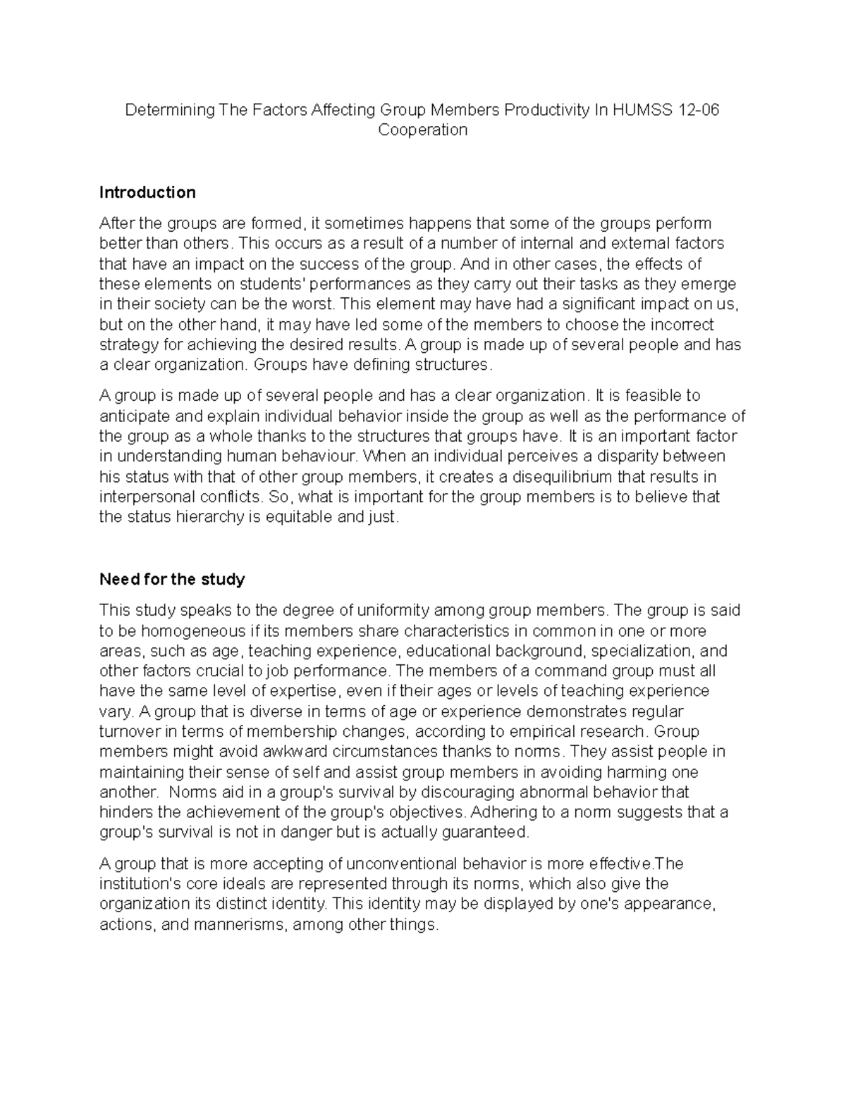 Determining The Factors Affecting Group Members Productivity In Humss ...