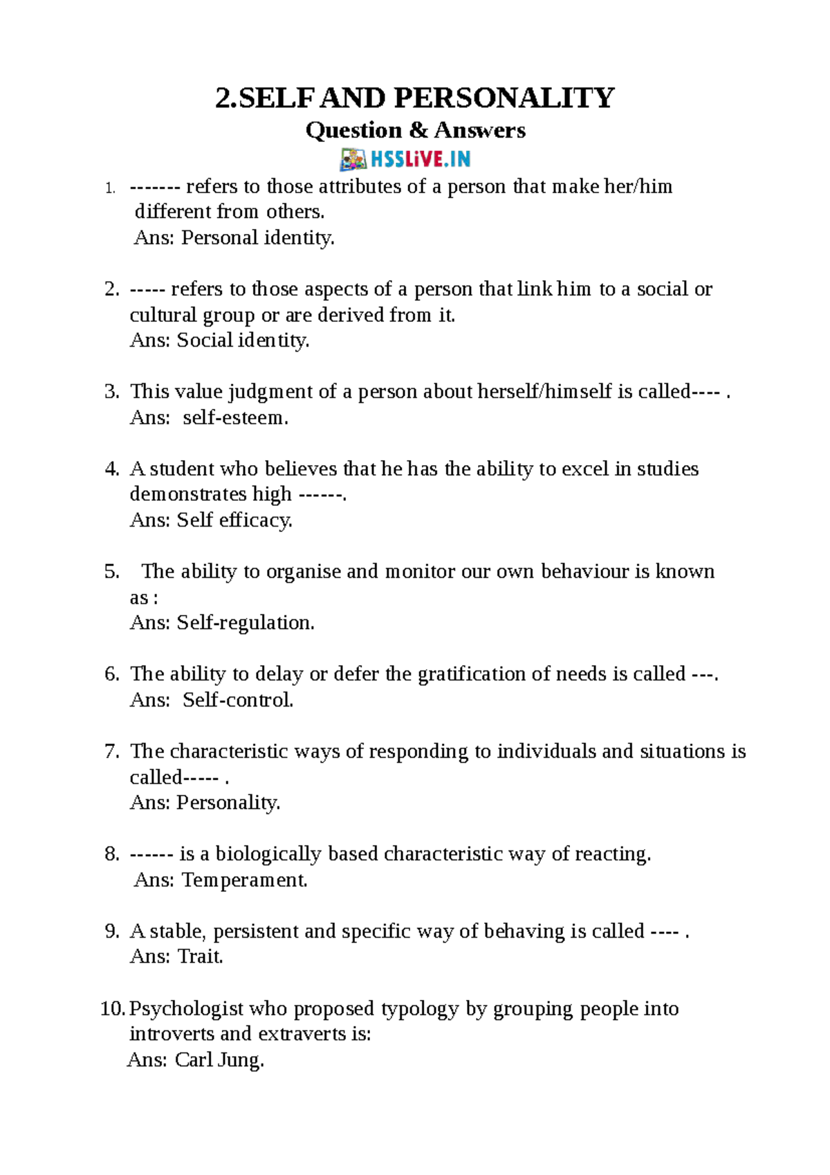 HssliveXIIPsychoch2Self and Personality Q and A 2 AND