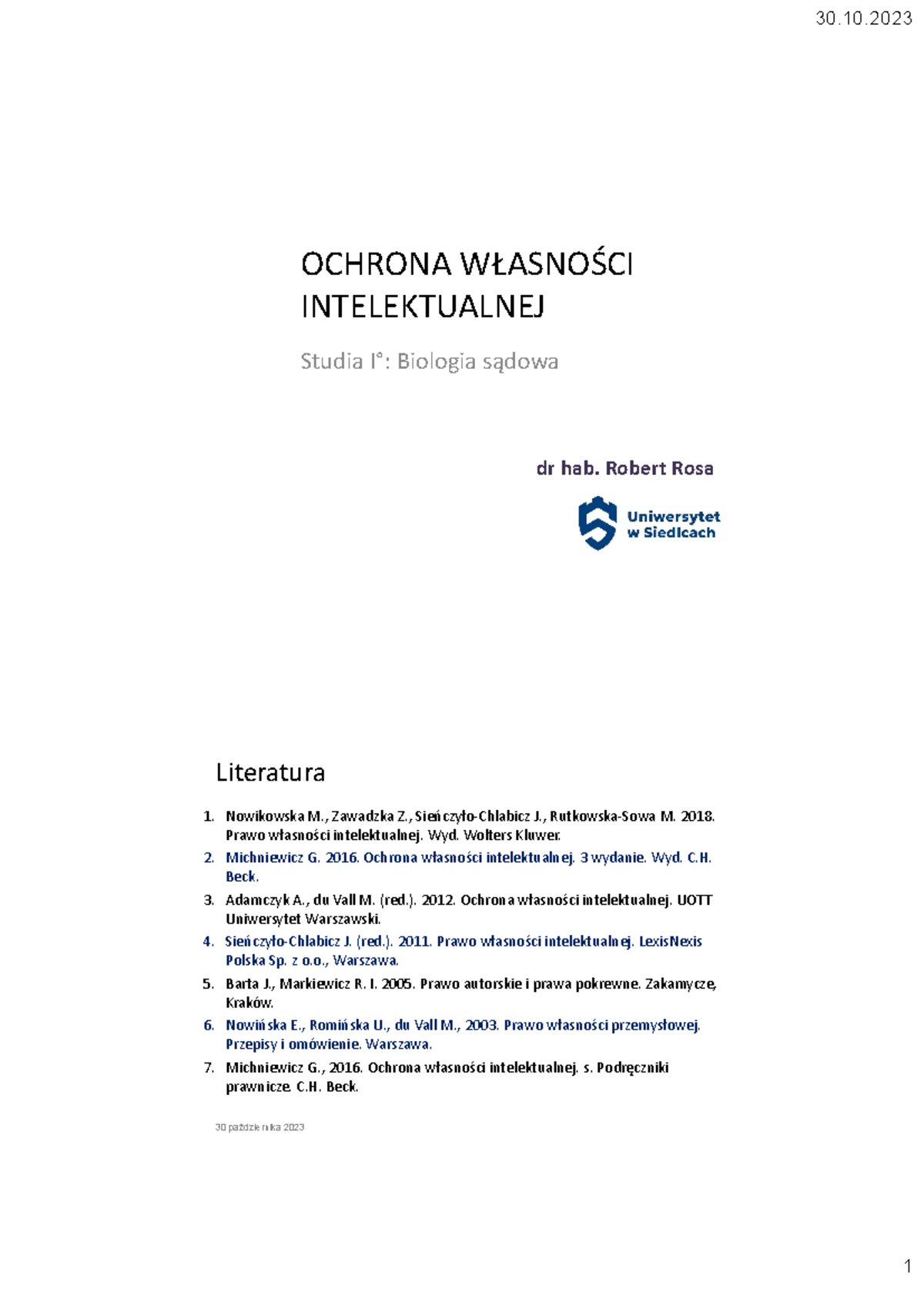 Biologia notatki - OCHRONA WŁASNOŚCI INTELEKTUALNEJ Studia I°: Biologia