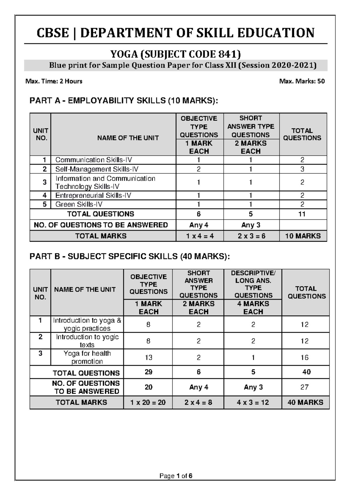 841 Yoga SQP - CBSE | DEPARTMENT OF SKILL EDUCATION YOGA (SUBJECT CODE ...